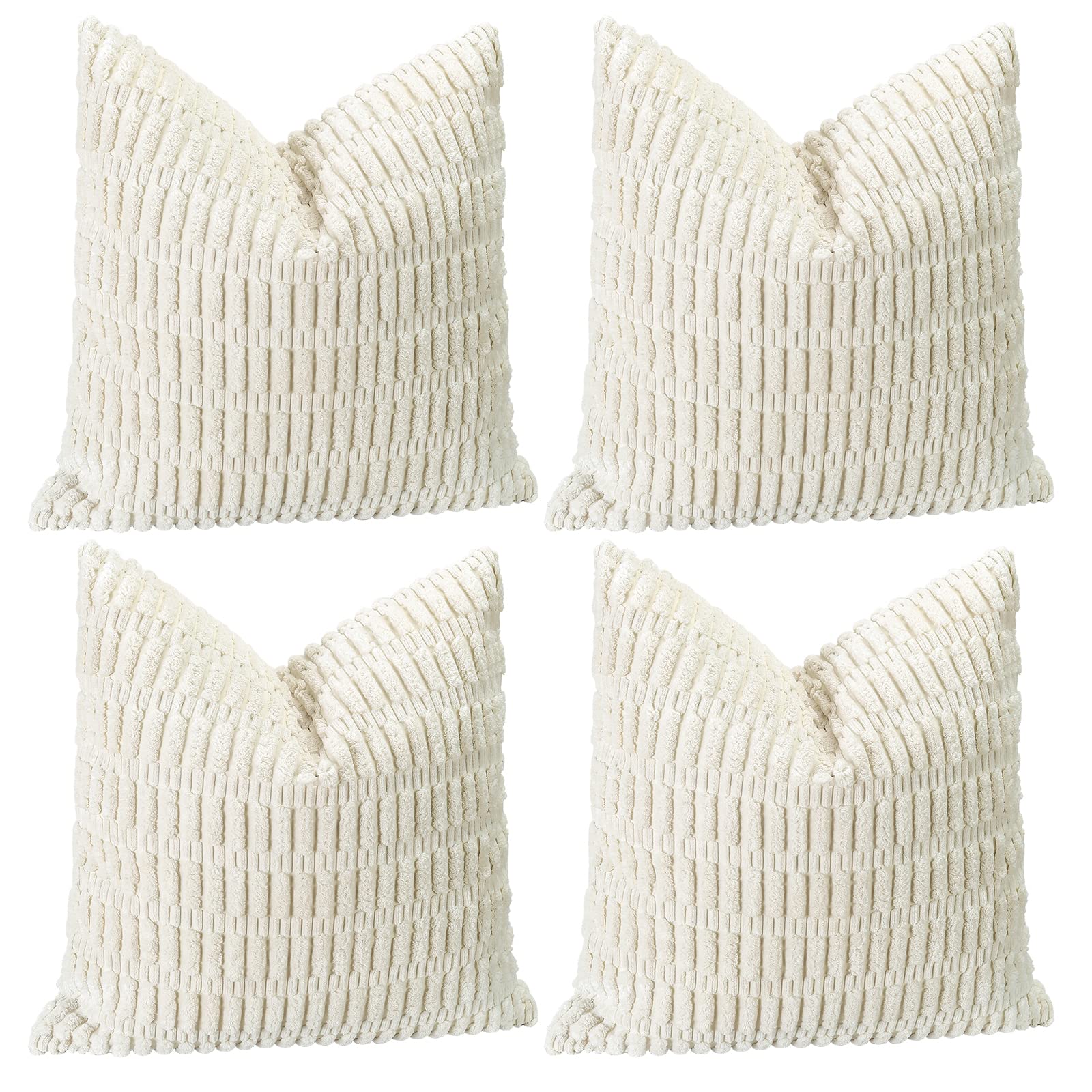 OTOSTAR Set of 4 Soft Corduroy Decorative Throw Pillow Covers 18x18 Inch (45x45cm) - Striped Square Boho Pillowcases for Sofa, Bedroom, Living Room, Patio & Farmhouse Decor - Cream White - Cozy Home Accent for Relaxation & Stylish Interior Design