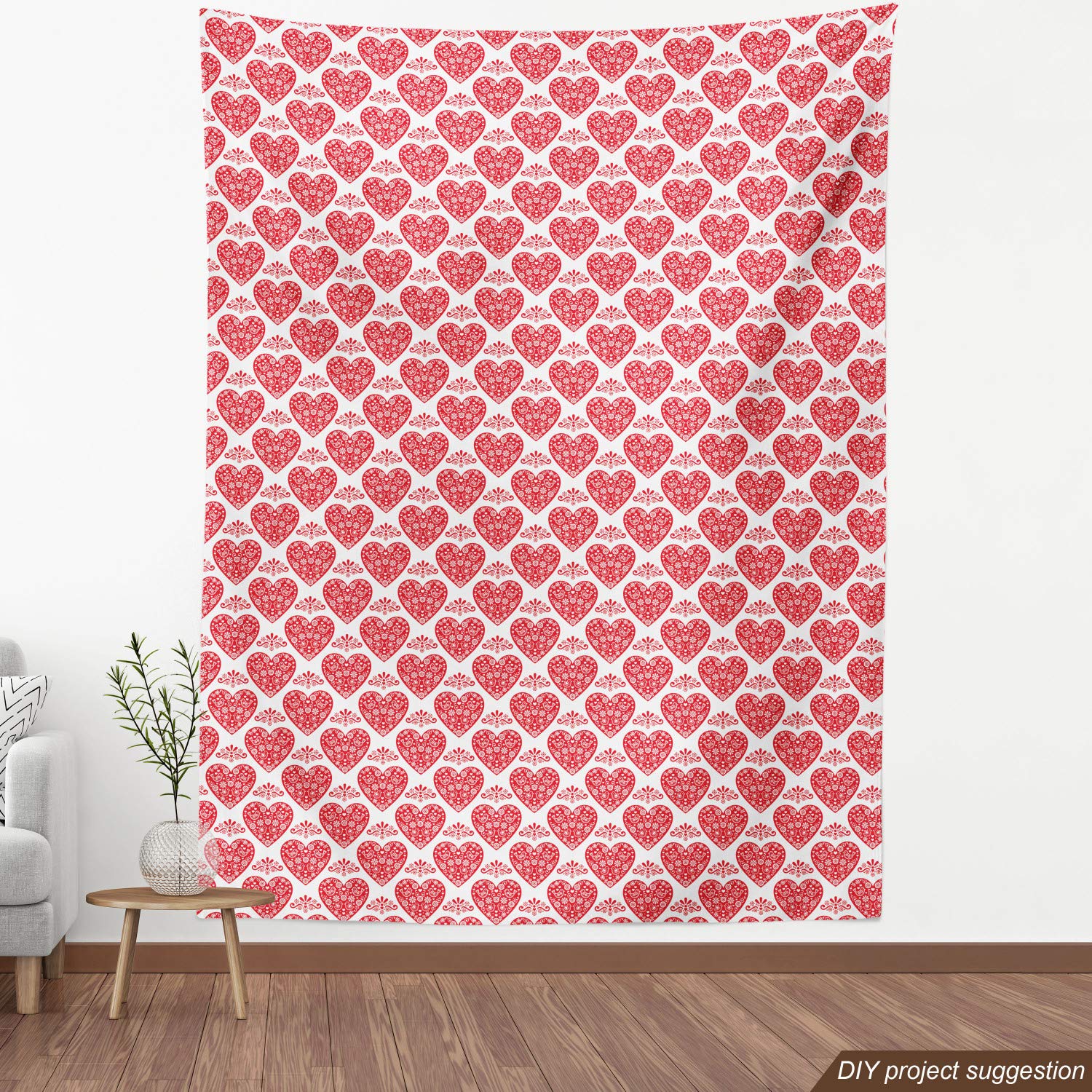 Ambesonne Norwegian Valentine's Day Fabric by The Yard - Heart, Floral & Bird Print Decorative Upholstery Material for Sofa, Curtains & Home Decor (10 Yards, Vermilion/White) - Perfect for Romantic Bedroom & Living Room Accents