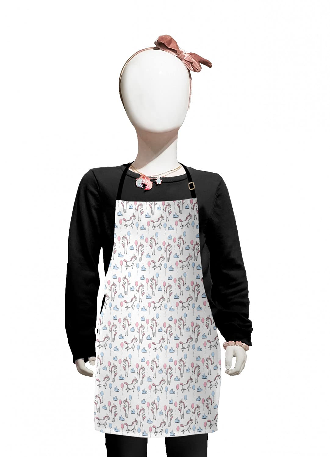 Ambesonne Cartoon Apron - Unicorn Balloon Cloud Themed Adjustable Bib Apron for Baking, Painting & Cooking - Pale Pink & Blue Small Size - Perfect for Kids Birthday Parties, Arts & Crafts, and Kitchen Activities