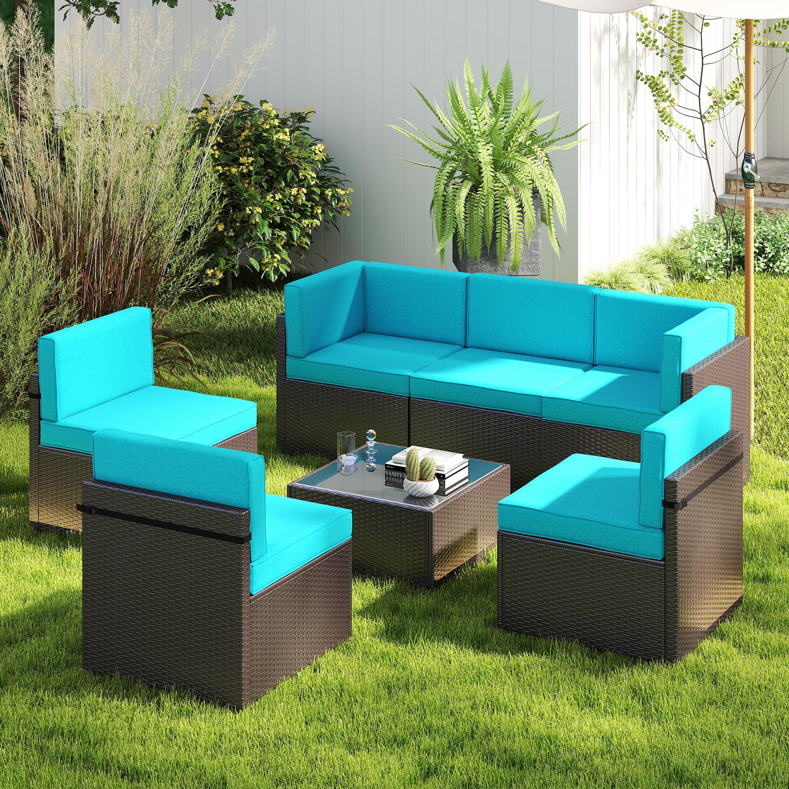 Kinsunny 7-Piece Outdoor Patio Furniture Set - PE Rattan Wicker Sofa Sectional with 2 Pillows & Coffee Table - Perfect for Garden, Poolside, and Backyard Relaxation