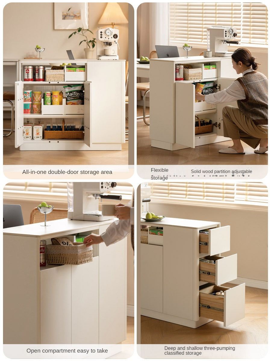 Solid Poplar Wood Dining Room Cabinet with Partition - White Cream Rock Board for Kitchen Storage & Home Organization