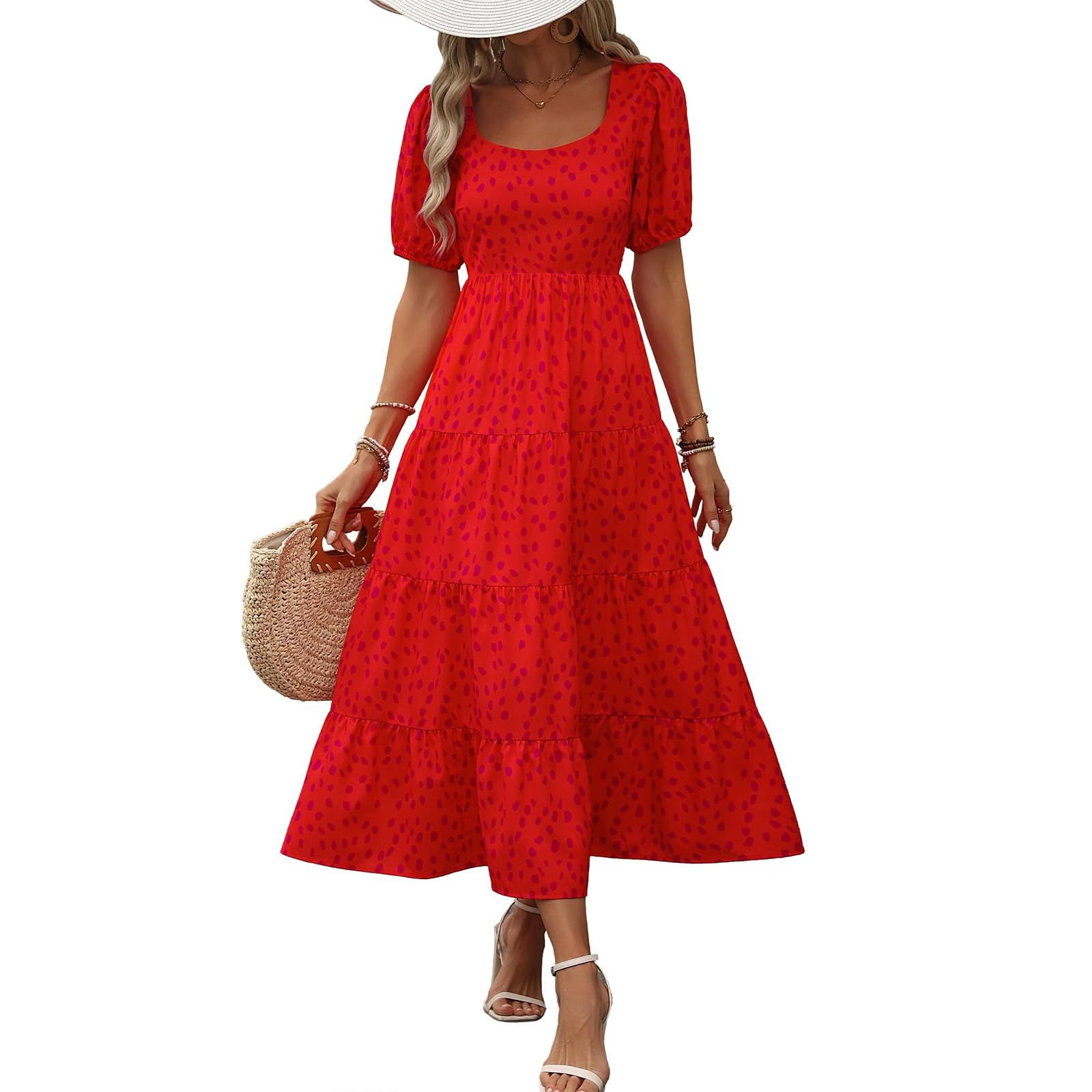 Bohemian Floral Maxi Dress for Women - Loose Smocked Tiered Ruffle Long Swing Boho Dress - Flowy Summer Beach Dress for Vacation, Party & Casual Wear