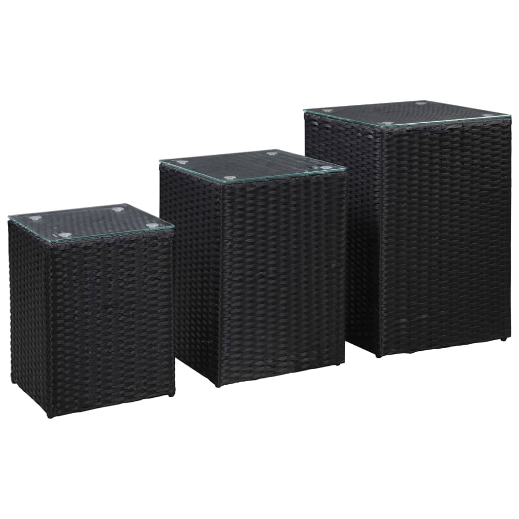 3-Piece Black Rattan Side Table Set with Glass Top - Modern End Tables for Living Room, Bedroom, Balcony & Office - Perfect Coffee Table for Small Spaces & Home Decor