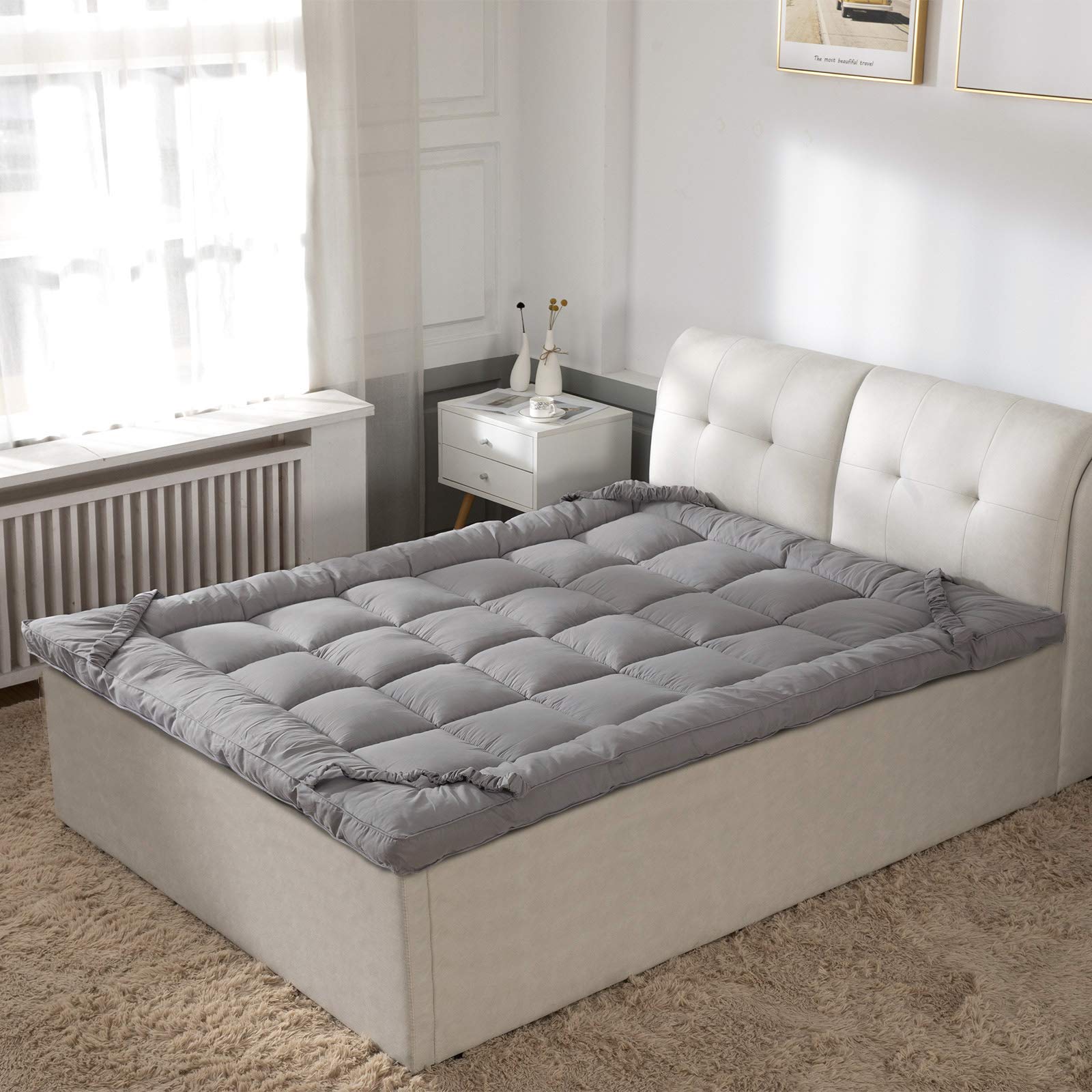 Soft Pillow Top Mattress Topper King Size - Extra Thick Plush Bed Topper for Firm Mattress with 100% Cotton Cover, Relieves Back Pain, Fits 6”-22” Mattress (Grey) - Perfect for Side Sleepers & Pressure Relief in Master Bedroom