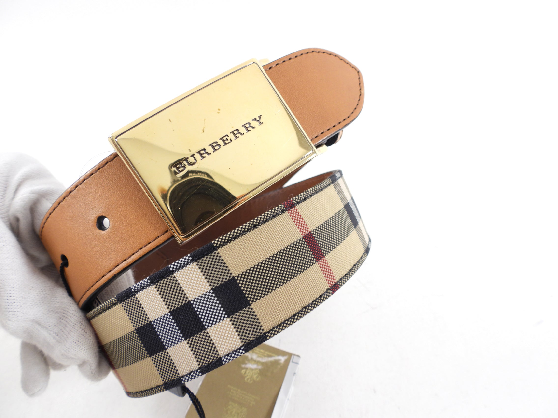 Burberry Brass Buckle Check & Tan Leather Belt for Men - 80/32 Size | Classic British Style Accessory for Business, Casual & Formal Outfits