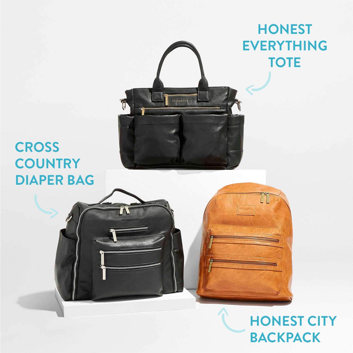 The Honest Company Vegan Leather City Backpack - Stylish Diaper Bag with Detachable Changing Pad | Black Eco-Friendly Leather with Gold Accents | PVC-Free Lining (16