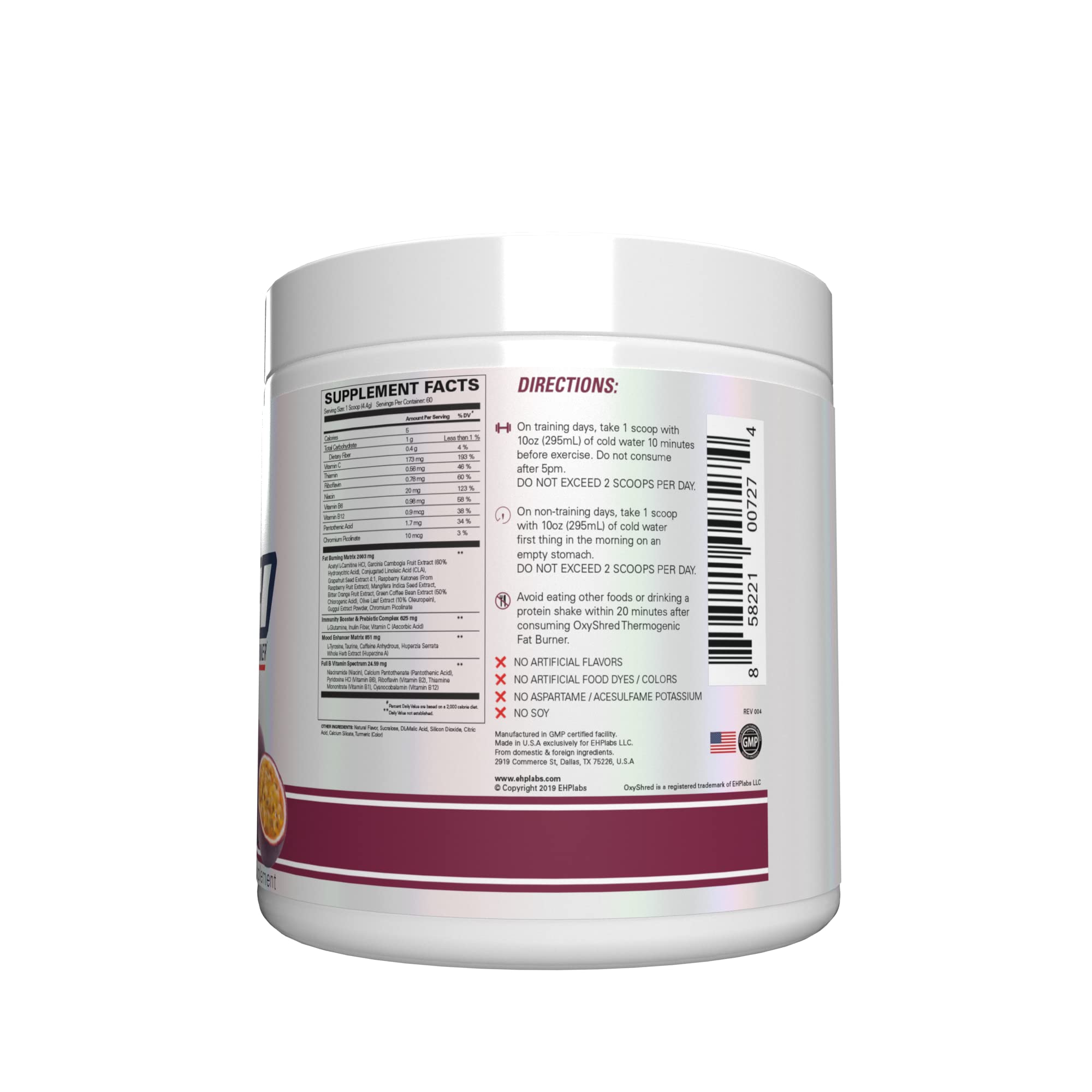 EHP Labs OxyShred Pre Workout Powder - Thermogenic Fat Burner with L-Glutamine & Acetyl L-Carnitine | Energy Boosting Supplement for Weight Loss & Focus | Passion Fruit Flavor (60 Servings) | Ideal for Gym, Cardio & Fitness Enthusiasts
