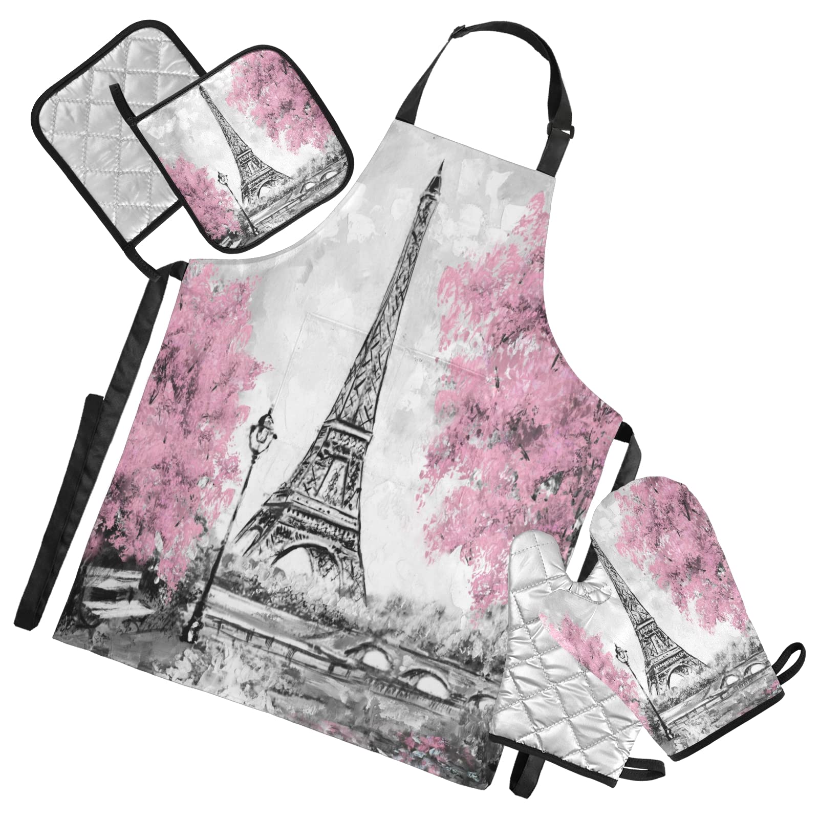 Paris Tower Print Kitchen Linen Set - Pink Cooking Apron with 2 Potholders & 2 Oven Mitts - Chef & Home Cook Accessories for Men & Women - Perfect for Baking, Cooking & Kitchen Decor
