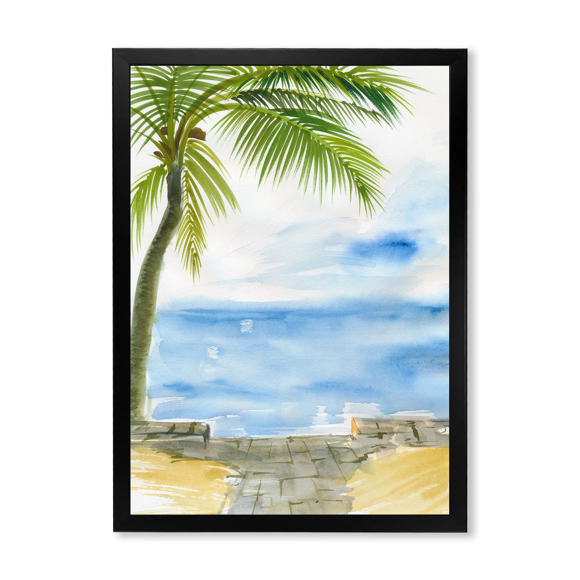 DesignQ Palm Beach Resort At Dawn II Nautical & Coastal Framed Wall Art - Beach House Decor, Ocean Themed Painting for Living Room, Bedroom & Office