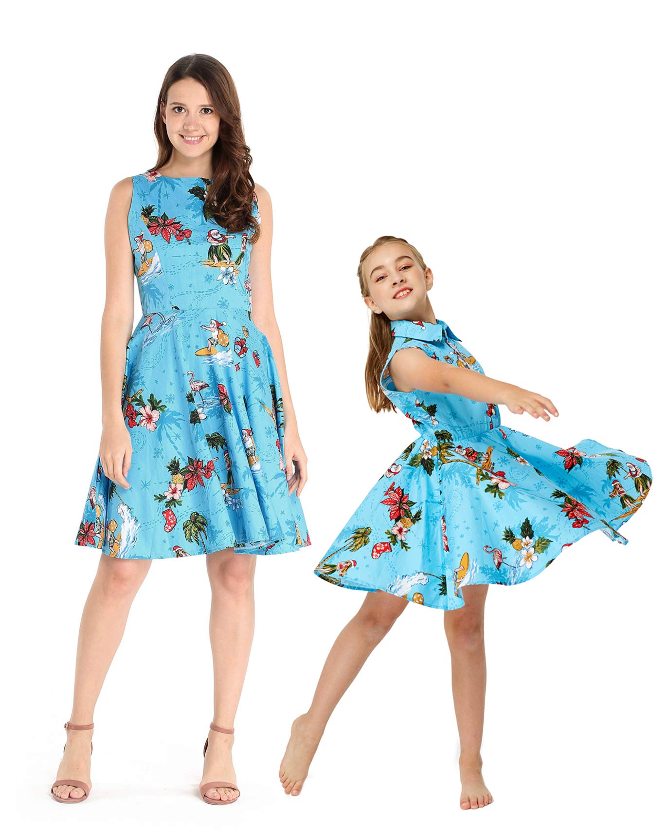 Vintage Hawaiian Luau Matching Mother Daughter Shirt Dress - Christmas Santa in Hawaii Outfit for Family Vacation, Beach Party & Holiday Photos