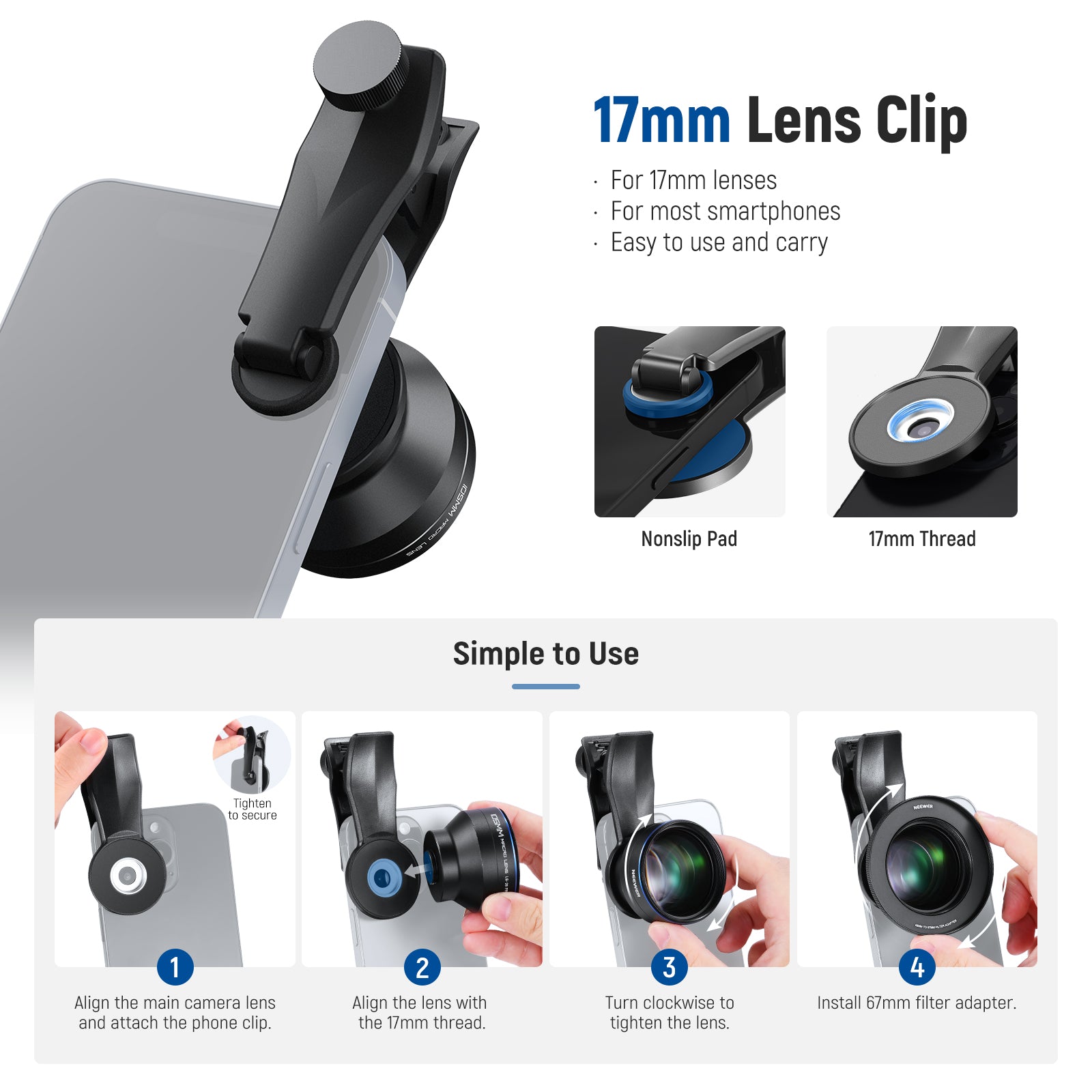 NEEWER LS 26 PRO 105mm Macro Lens for Smartphone Photography - 17mm Phone Clip & 67mm Filter Adapter Included - Perfect for Close-Up Shots, Product Photography & Nature Macro Shooting