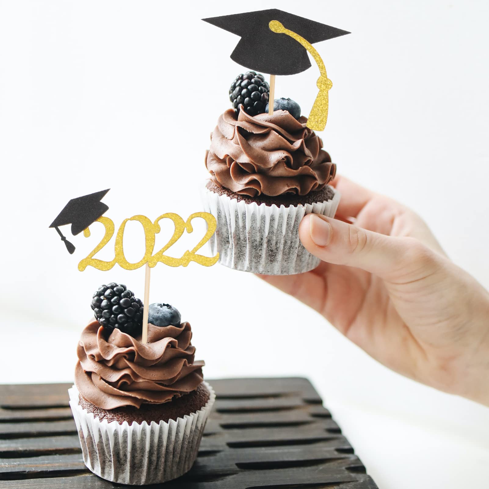 PRETYZOOM 30PCS 2022 Graduation Cupcake Toppers & Cake Decorations - Gold & Black Graduation Party Supplies for High School, College Celebrations - Perfect for Graduation Cakes, Cupcakes, Dessert Tables and Party Decor