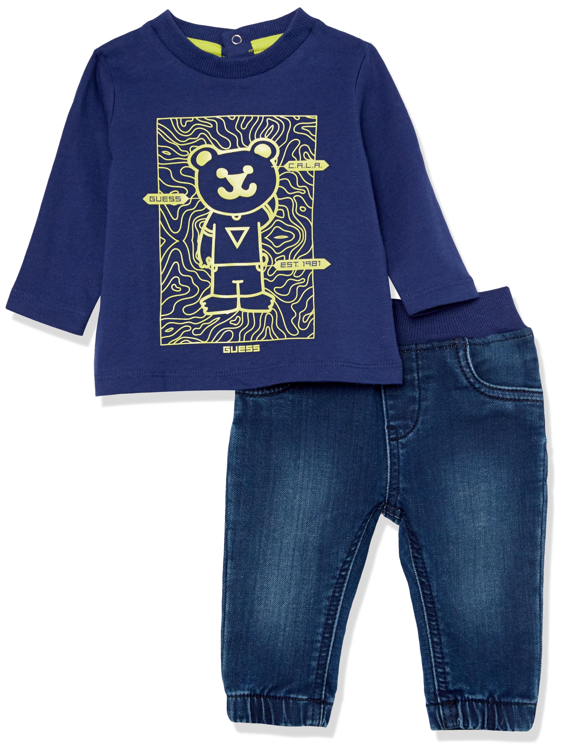 GUESS Baby Boys' Organic Cotton Jersey Top & Stretch Denim Jogger 2-Piece Outfit Set - Soft Casual Playwear for Toddlers, Comfortable Everyday Wear for Infants