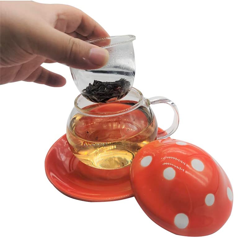 Cute Mushroom Glass Tea Mug Set with Strainer Filter Infuser - 290ML Orange Milk Coffee Tea Cup & Teapot - Perfect for Home, Office, and Gift Giving