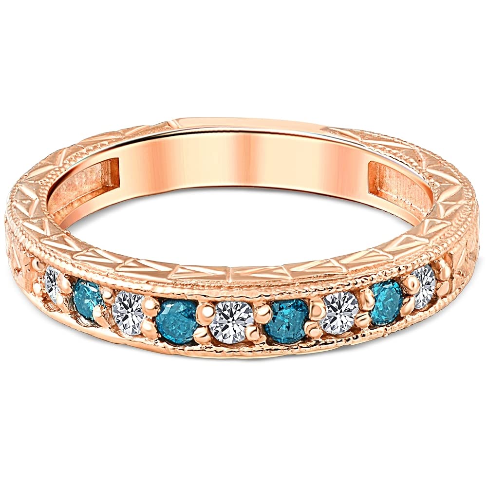 1/4 Carat Blue & White Diamond Vintage Wedding Anniversary Ring - 14K Rose Gold Engagement Band for Women - Perfect for Proposals, Anniversaries & Special Occasions