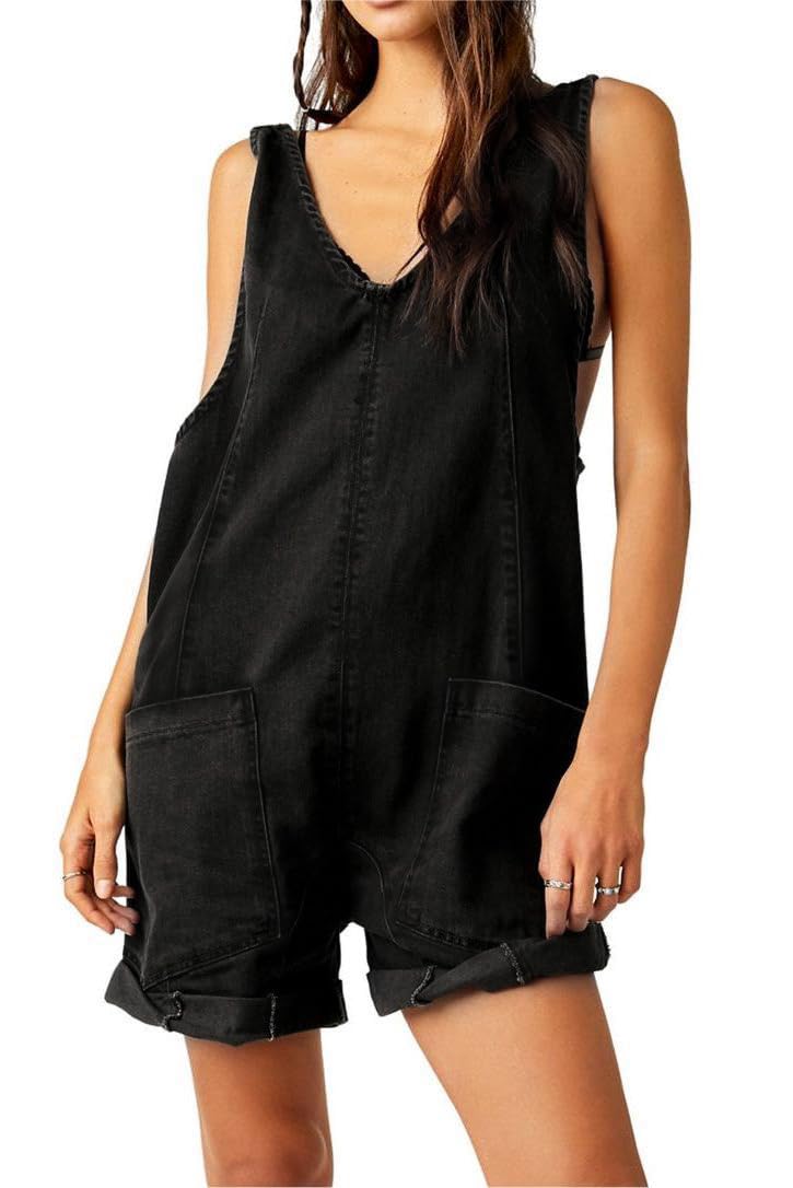 LifeShe Women's Denim Overalls Shorts - Casual Sleeveless V-Neck Romper with Pockets | Summer Outfits, Beach Wear & Casual Street Style