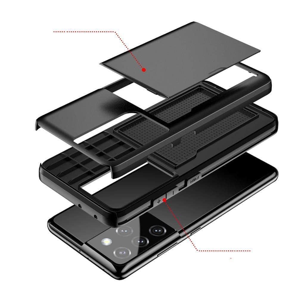 Dual Layer Slide Card Slot Samsung Galaxy Protective Hard Case - Slim & Durable Phone Cover with RFID Blocking for Credit Cards - Perfect for Travel, Work, and Everyday Use