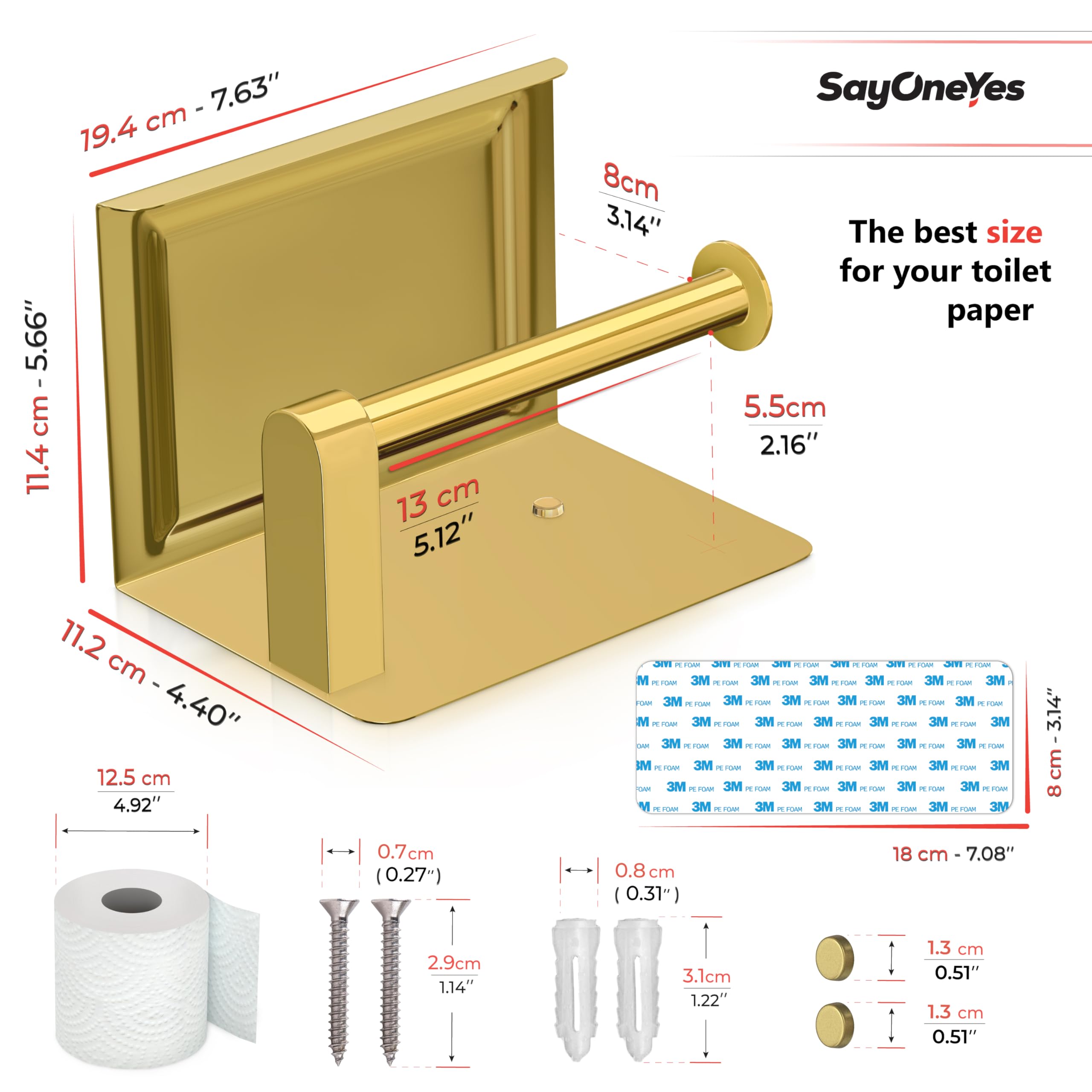 Premium Brushed Gold Toilet Paper Holder with Shelf - SUS304 Stainless Steel Waterproof Wall Mounted Bathroom Tissue Holder - Screw & Adhesive Installation - Ideal for Modern Bathrooms, Powder Rooms & Guest Baths (1 Pack)