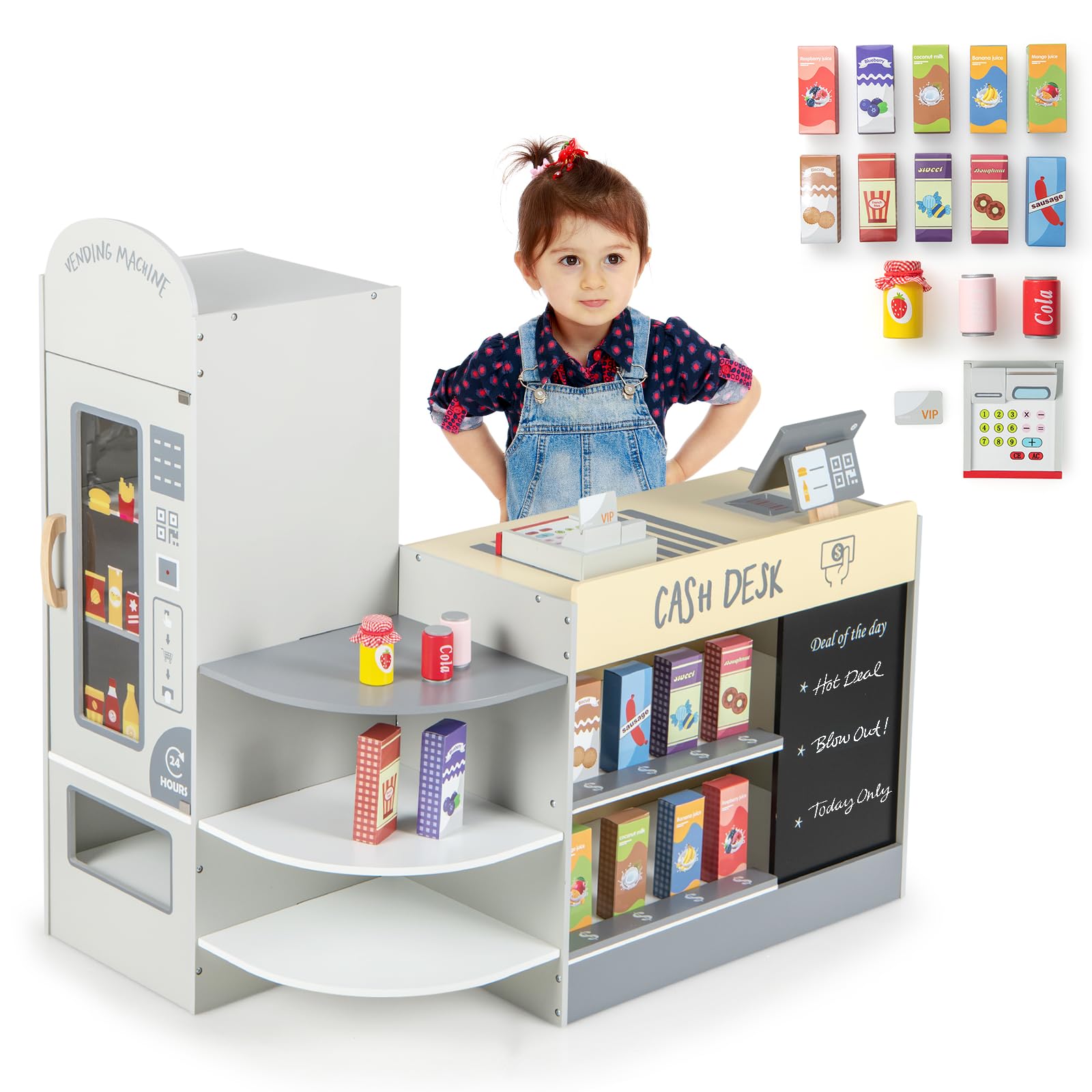 GLACER Wooden Kids Grocery Store Pretend Play Set with 15 Accessories - Cash Register, POS System, Vending Machine & Chalkboard - Educational Toy for Toddlers Ages 3-8 - Perfect Gift for Boys & Girls - Ideal for Role Play, Preschool Learning & Family Fun