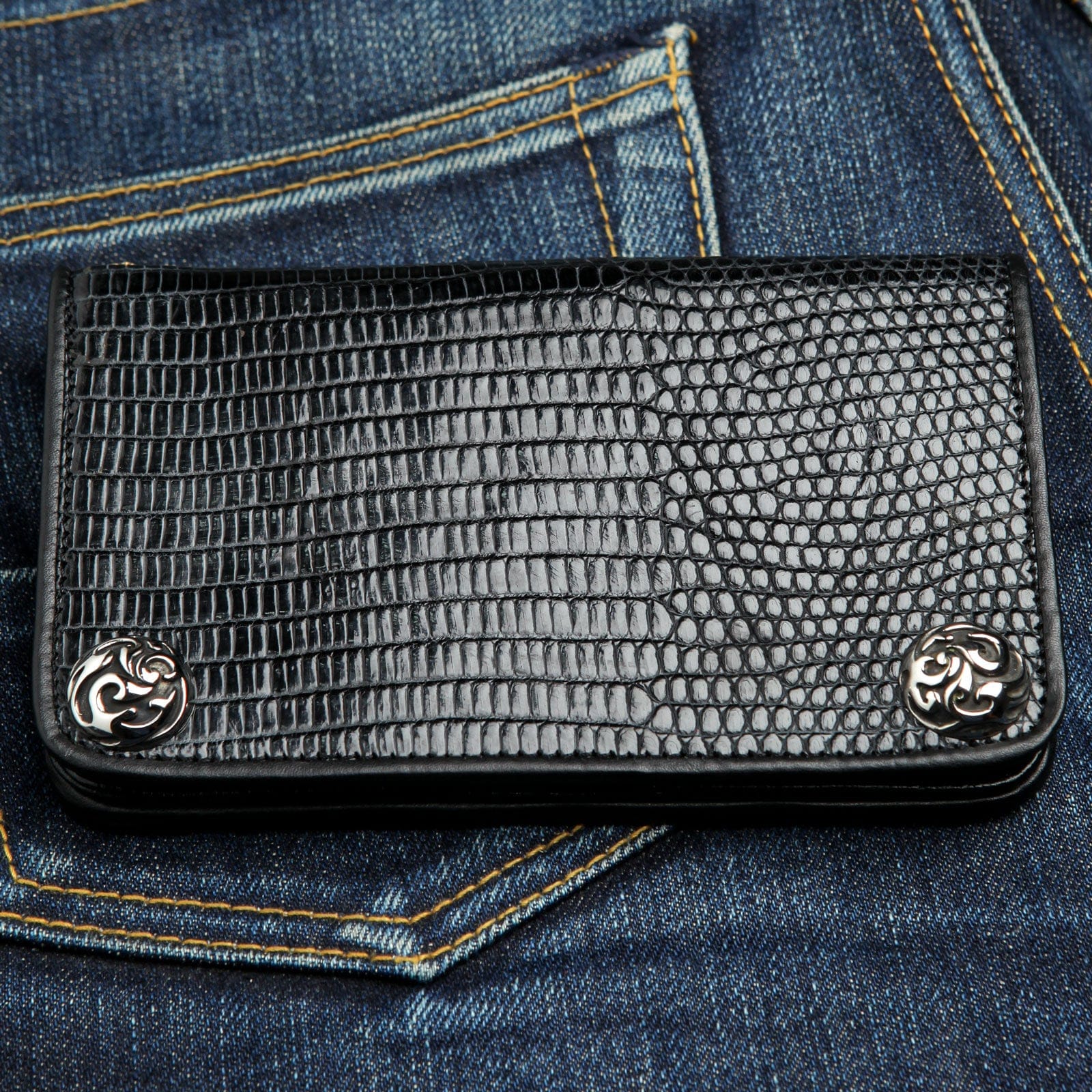 Authentic Black Lizard Leather Biker Wallet for Men - RFID Blocking Slim Bifold Wallet - Perfect for Motorcycle Riders & Everyday Use