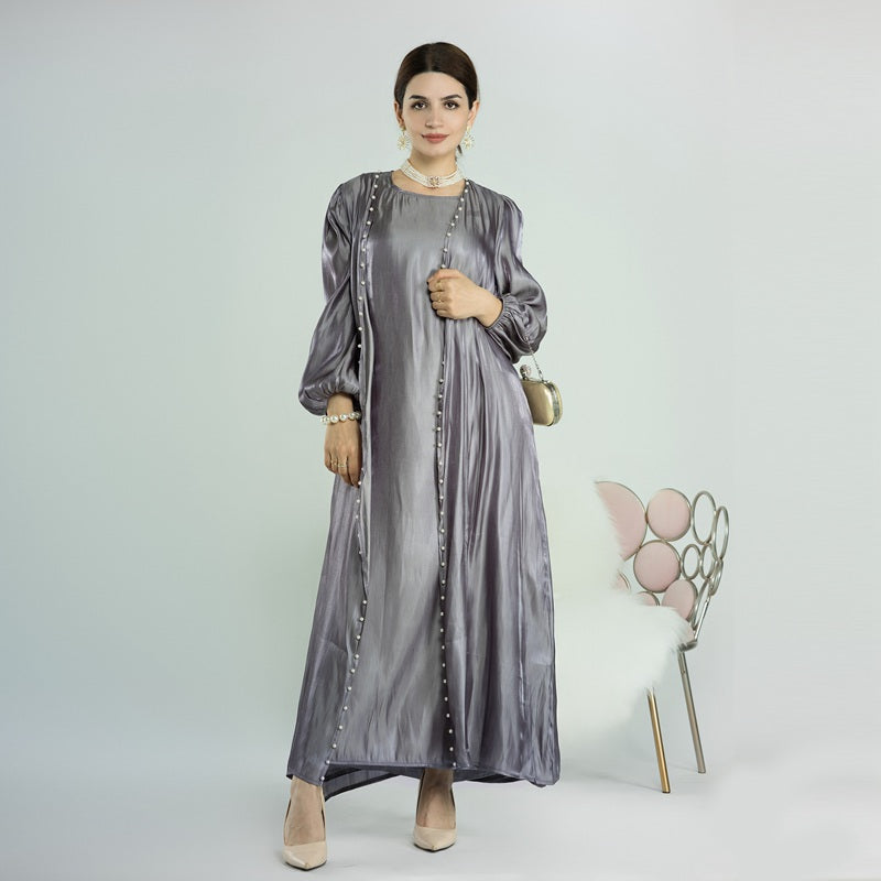 Elegant 2-Piece Silk-Like Beaded Open Abaya Dress Set - Outer Abaya & Sleeveless Inner Dress for Women | Perfect for Eid, Weddings & Special Occasions