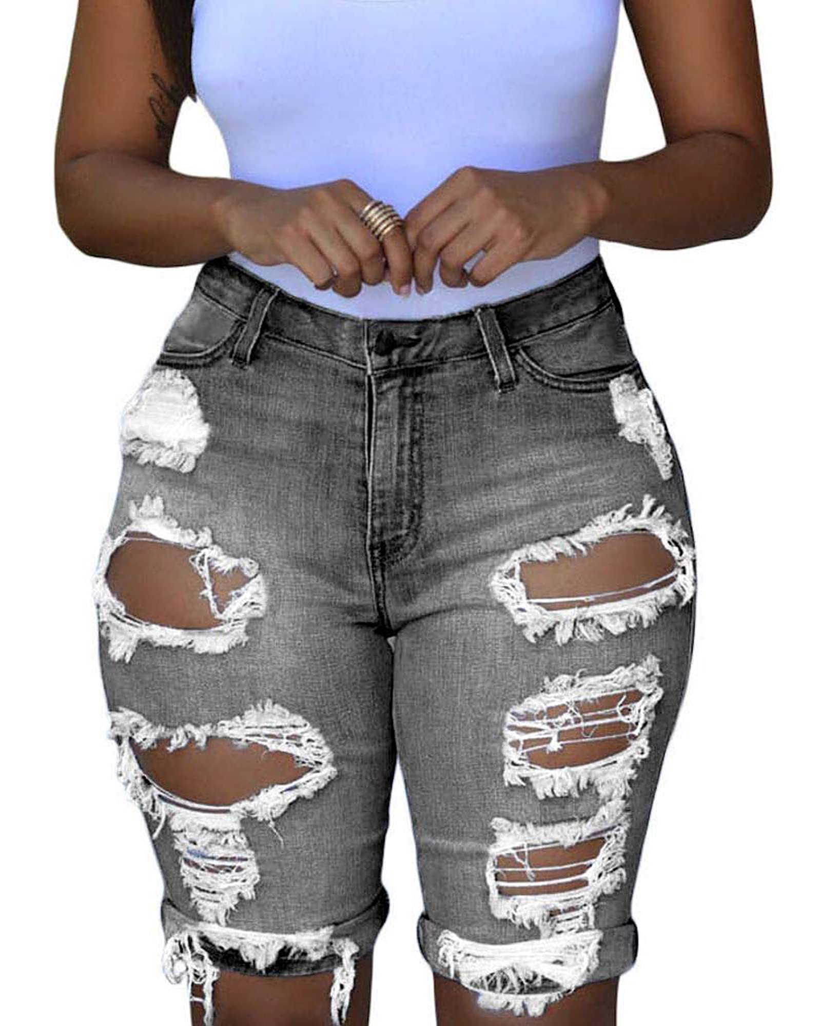 Roswear Women's Ripped Denim Destroyed Mid Rise Stretchy Bermuda Shorts - Comfortable Distressed Jeans for Casual Wear, Summer Outfits & Street Style Fashion