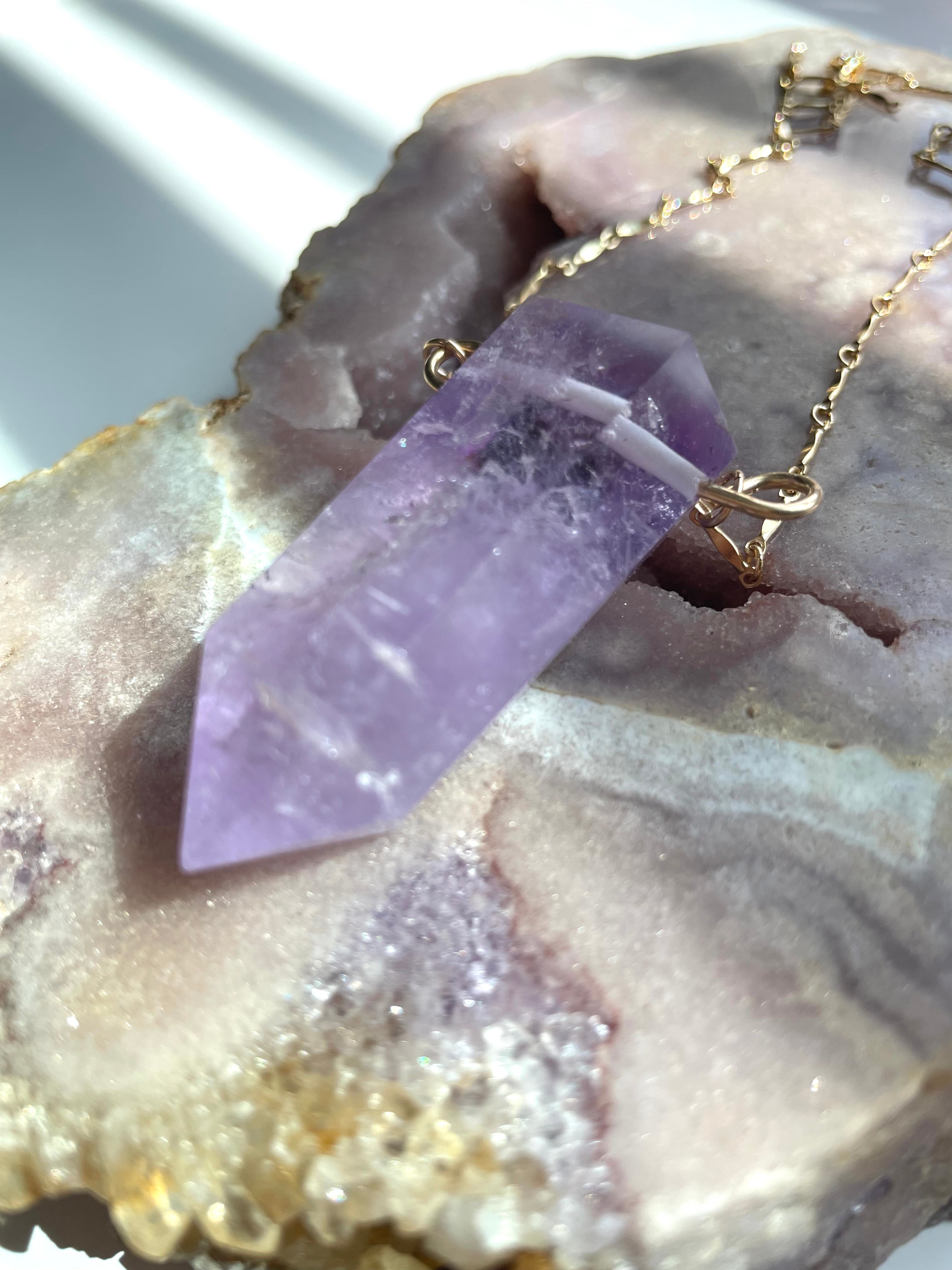 Extra Large Chunky Amethyst Crystal Tower Necklace - 14kt Gold Filled Healing Stone Jewelry for Meditation, Yoga & Spiritual Gifts