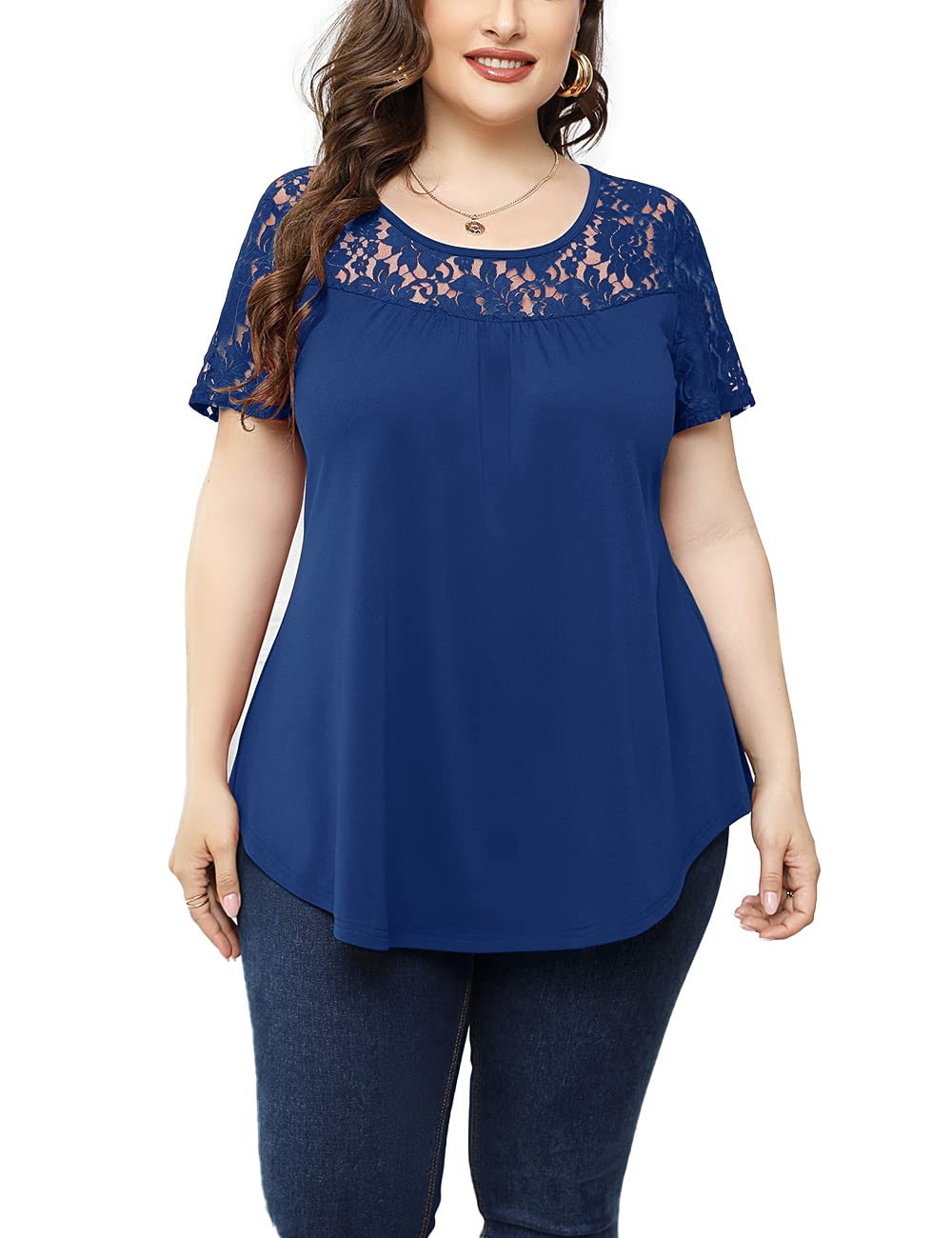GNAILEUE Women's Plus Size Short Sleeve Pleated Blouse - Round Neck Flowy Tunic Top for Casual Wear & Office Outfits | Comfortable Summer Shirt for Curvy Women