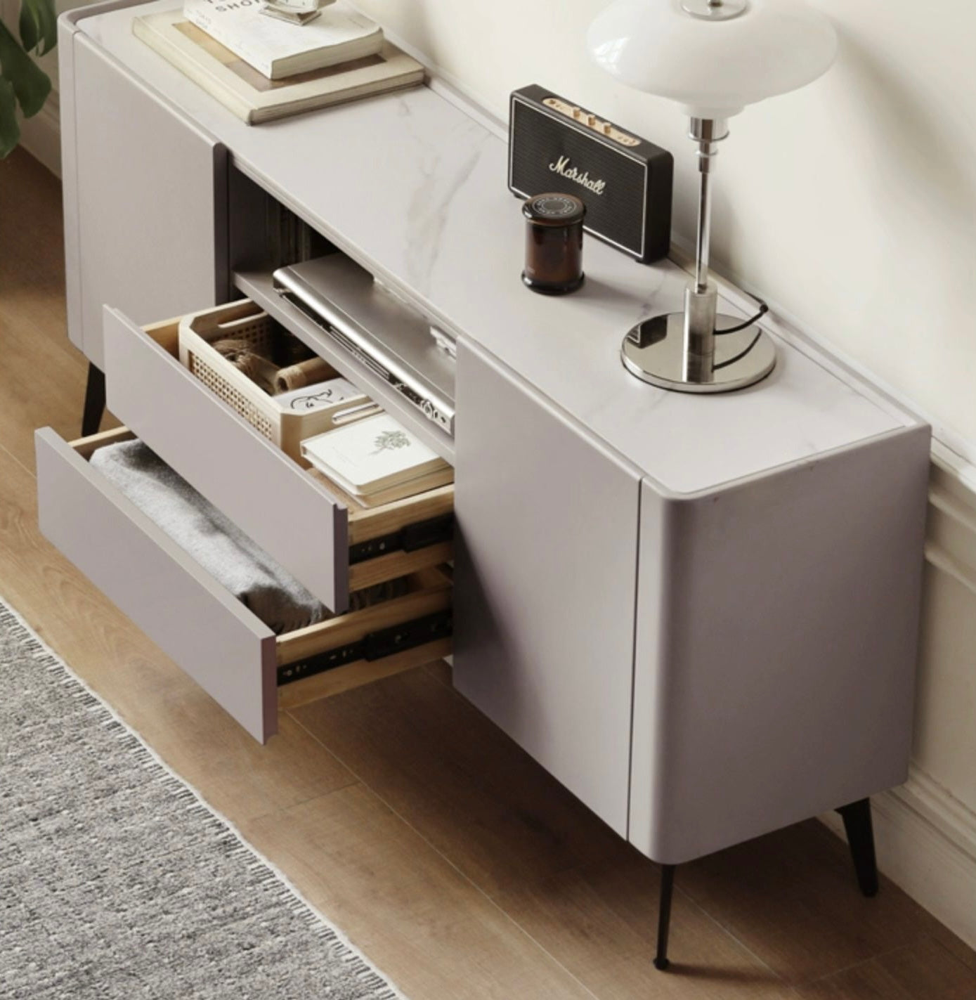 Solid Poplar Wood TV Stand with Slate Top - Modern Luxury Bedroom Furniture for Living Room & Home Entertainment Setup