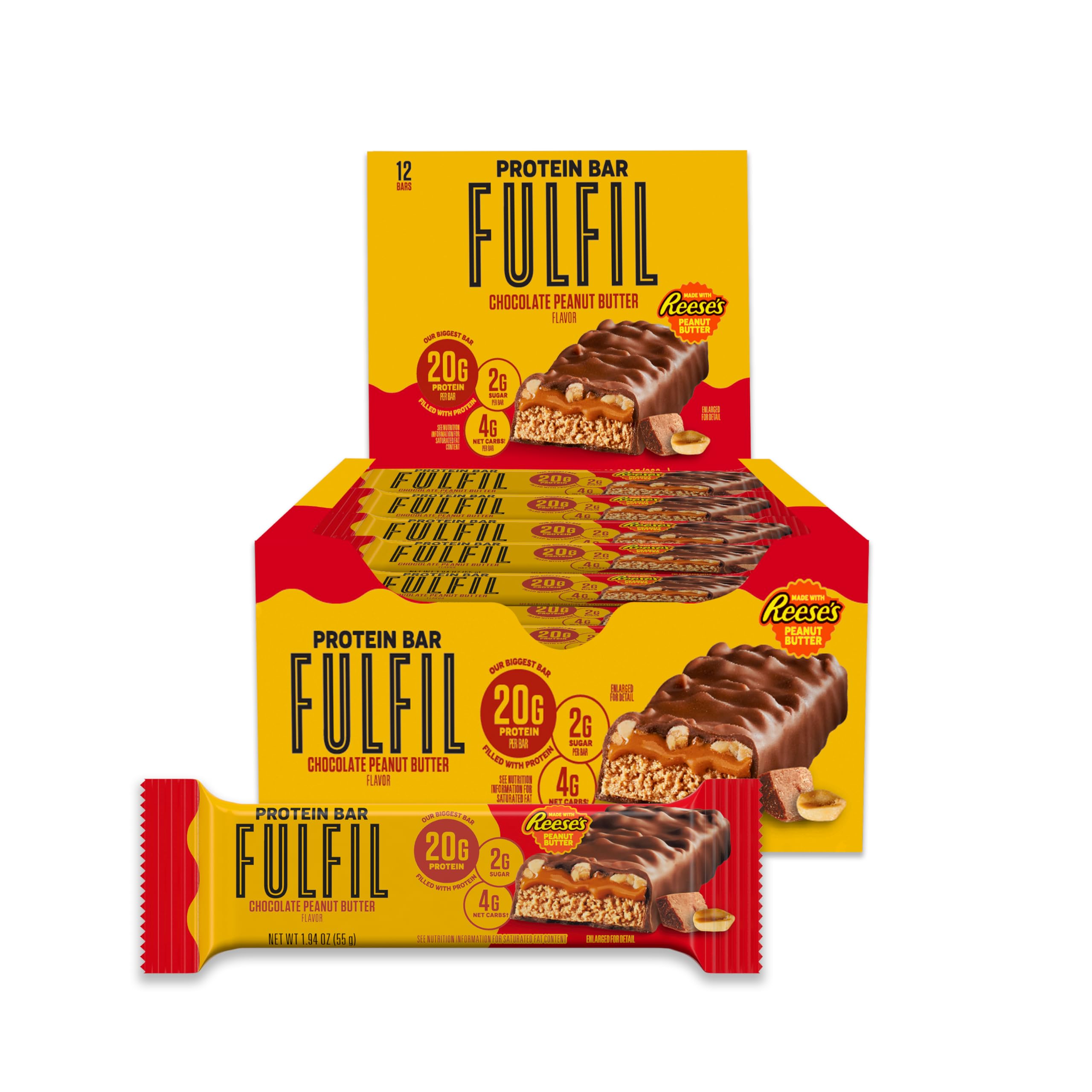 FULFIL Chocolate & Reese's Protein Bars - High Protein Snack (20g) with Chocolate Peanut Butter Flavor - 12 Pack for Gym, Workout & Healthy On-the-Go Nutrition