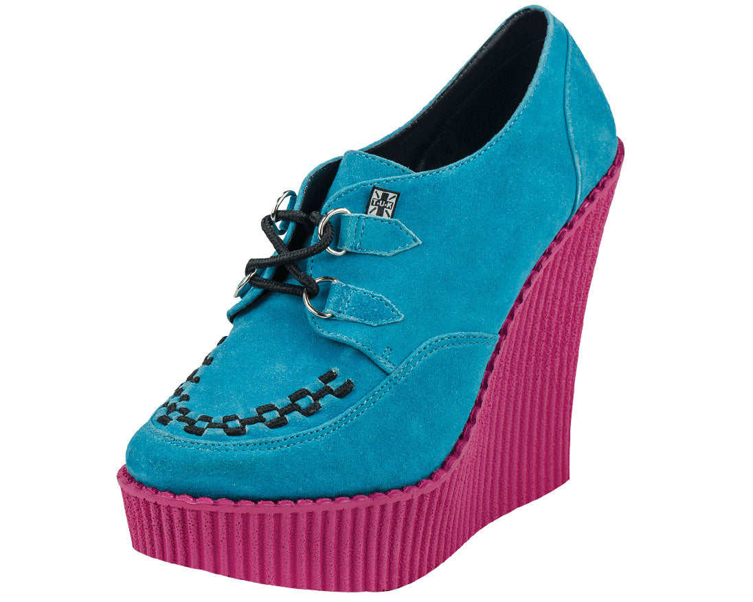 T.U.K Women's Turquoise Suede & Pink Creeper Wedge Platform Shoes | Vintage Punk Rock Style | Perfect for Concerts, Parties & Alternative Fashion Outfits