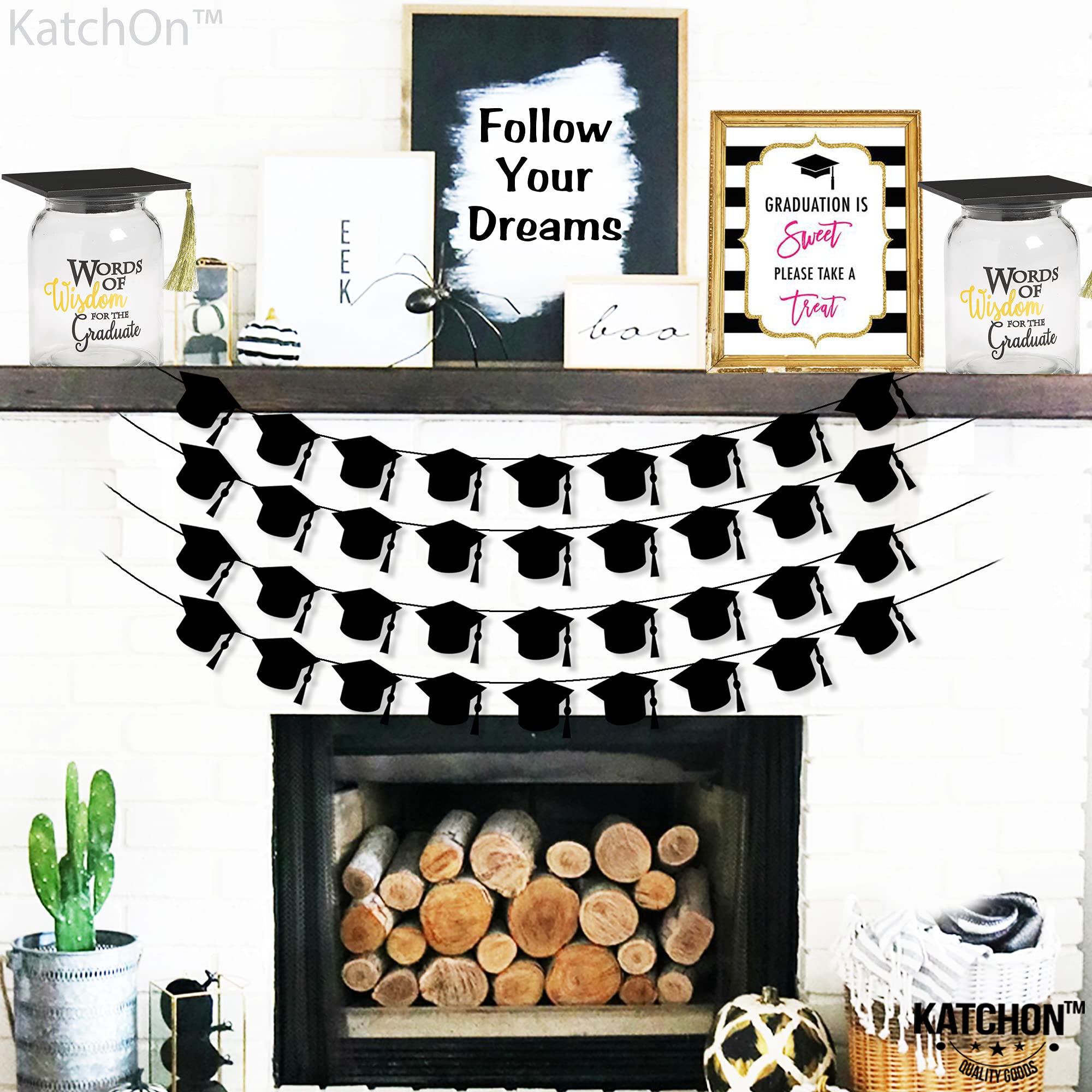 KatchOn Black Felt Graduation Cap Garland - 4 String | Class of 2025 Graduation Party Decorations, Graduation Ceremony & Photo Backdrop Decor | Perfect for High School, College Graduation Celebrations & Commencement Parties