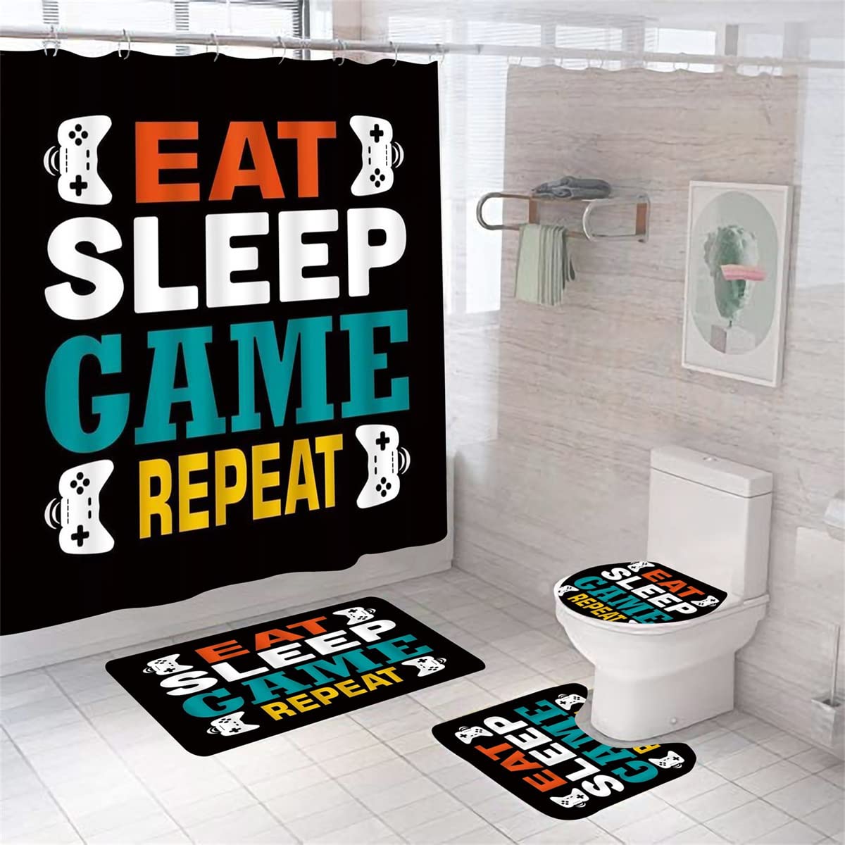 Funny Gaming Bathroom Set for Kids - Eat Sleep Game Repeat Shower Curtain with Hooks & Matching Rug - Classic Video Game Decor for Boys Bedroom or Bathroom - Perfect for Gamers' Bathroom & Teen Room Decor