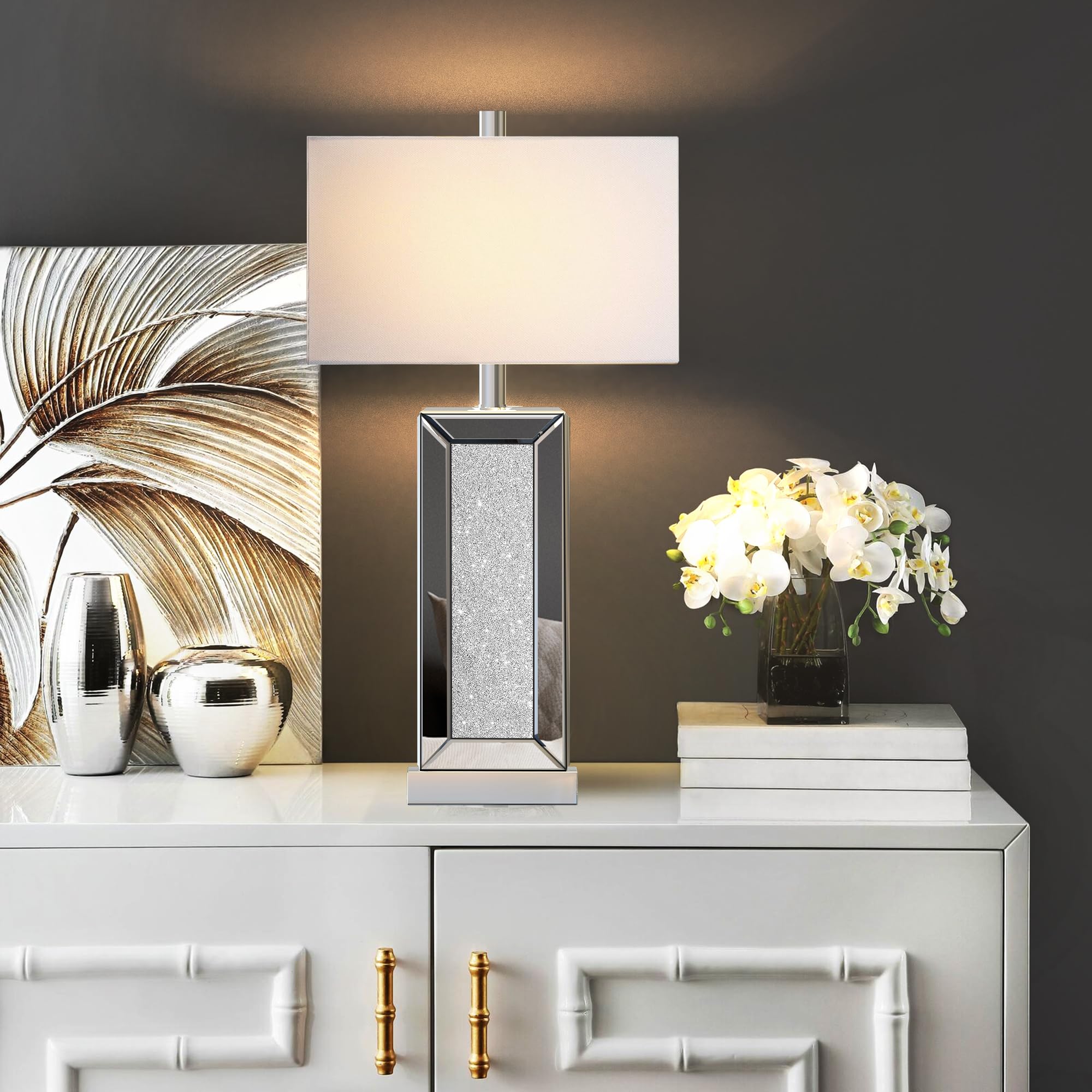Modern Touch Control Table Lamp Set of 2 - Silver Mirror Diamond Crystal USB C/A Bedside Lamps, 3-Way Dimmable with White Fabric Shade for Living Room, Bedroom, Office & Nightstand Decor | Perfect for Reading, Relaxing & Ambient Lighting
