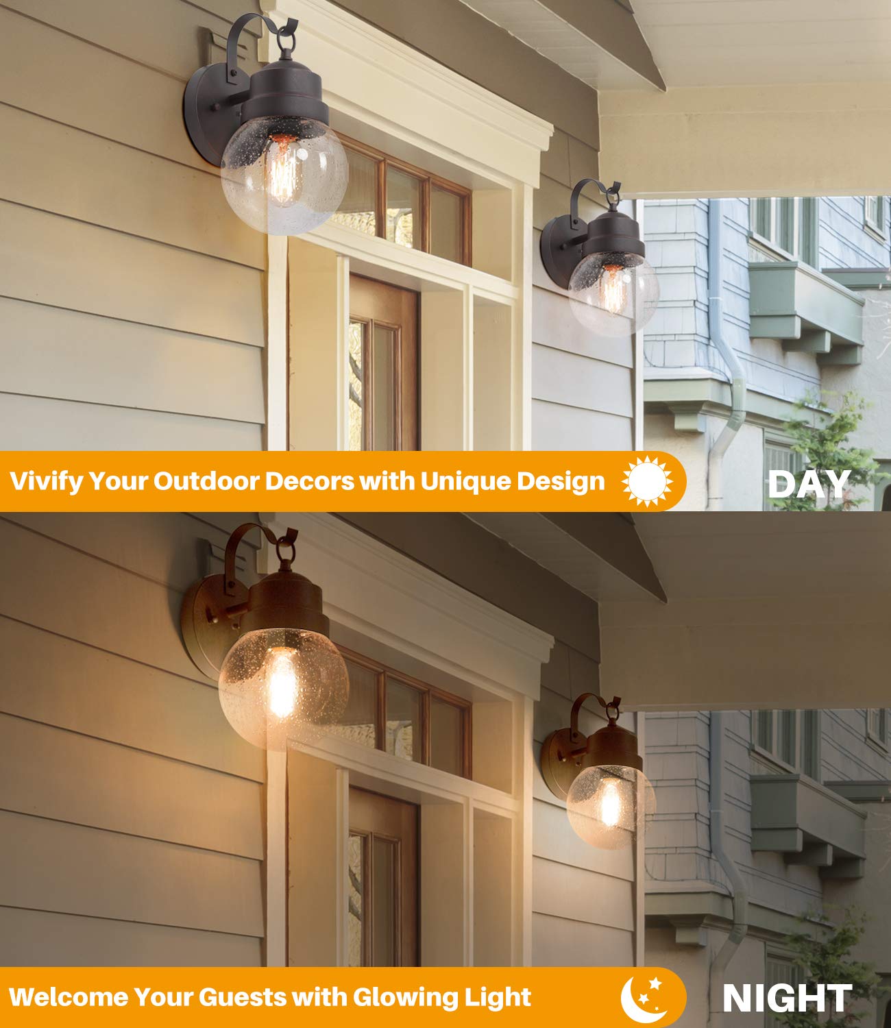 LALUZ 2-Pack Rustic Bronze Outdoor Wall Lights - Weatherproof Anti-Rust Exterior Sconces with Bubble Glass for Farmhouse, Porch, Front Door, Patio, Garage & Yard - Perfect for Outdoor Entryway, Garden Pathway & Backyard Ambiance Lighting