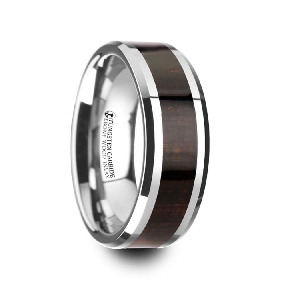 Men's Tungsten Carbide Wedding Band Ring with Ebony Wood Inlay - 8mm Wide Comfort Fit - ARCANE Style - Durable & Scratch Resistant for Everyday Wear - Perfect for Weddings, Anniversaries and Special Occasions