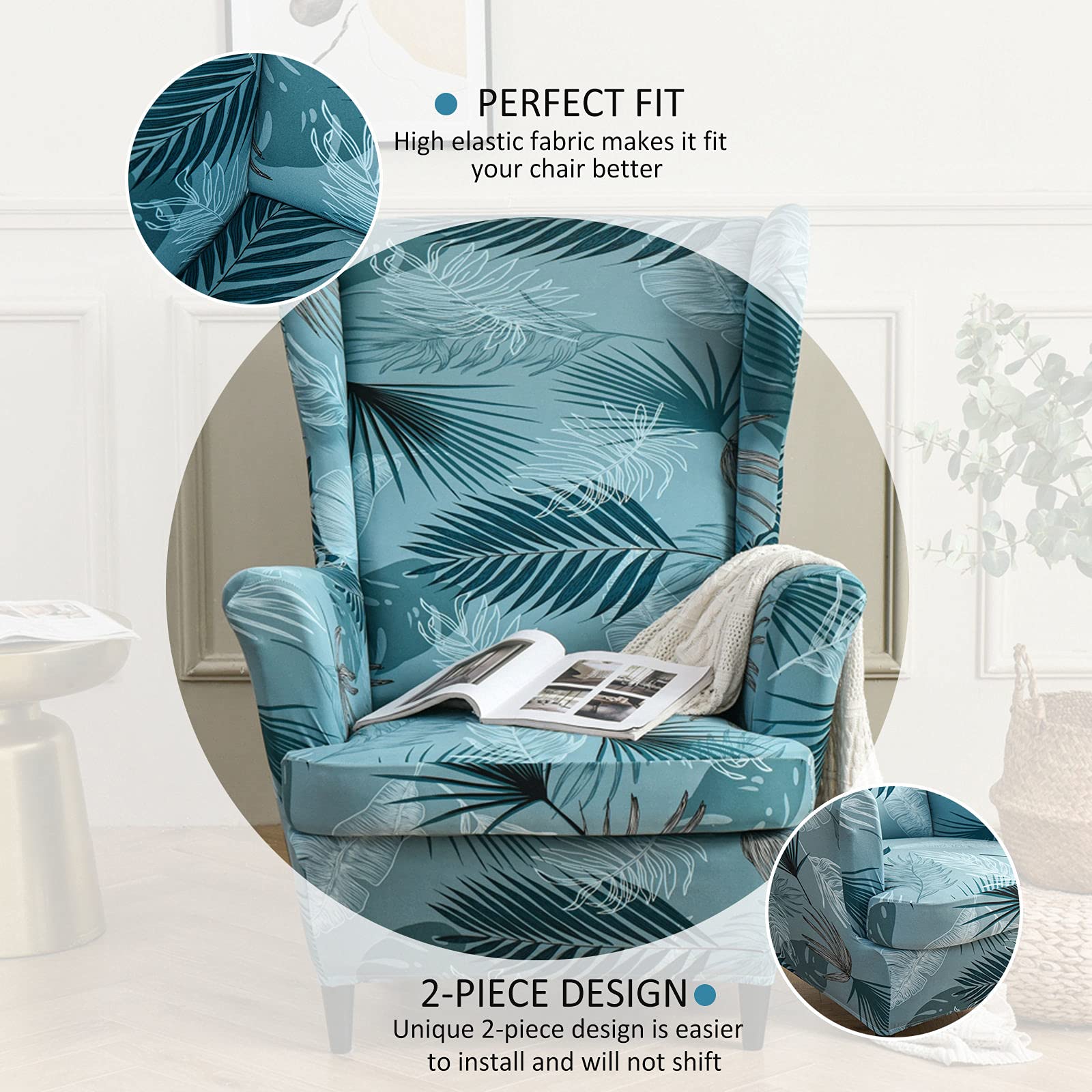2-Piece Stretch Wing Chair Slipcover - Printed Spandex Armchair Cover, Soft Elastic Wingback Chair Slipcovers for Living Room, Kids Room & Office - Perfect for Home Decor, Furniture Protection & Style Upgrade