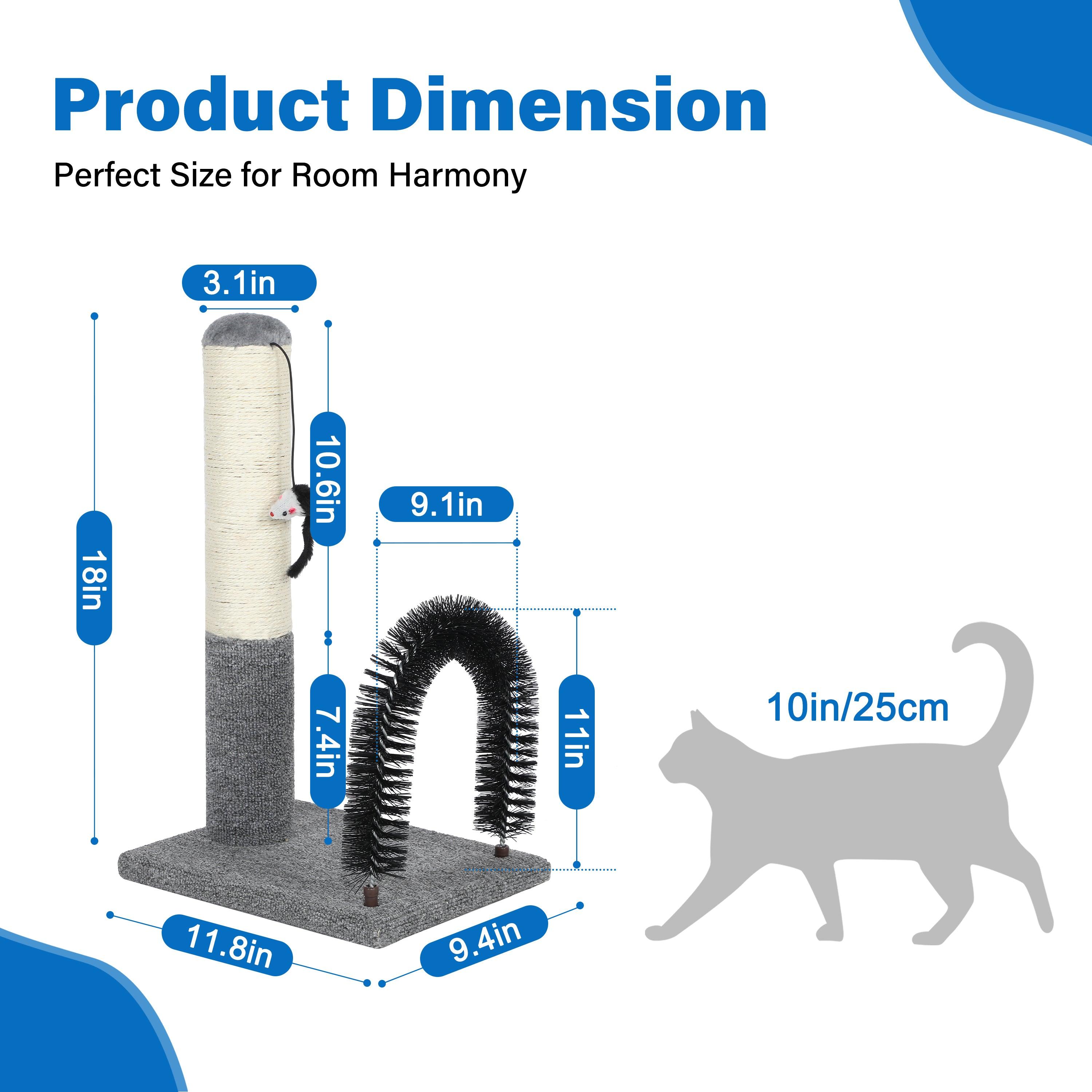 18 Inch Cat Scratching Post with Grooming Brush & Dangling Ball - Self Groomer Scratcher for Kittens & Adult Cats - Indoor Cat Furniture Protector - Perfect for Playtime, Grooming & Furniture Protection