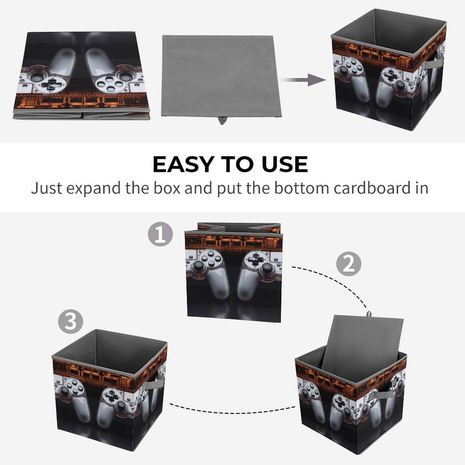Collapsible Storage Bins with Handles - Printed Game Controller Design Organizing Baskets for Toys, Electronics & Home Organization - Perfect for Bedroom, Playroom & Closet Storage