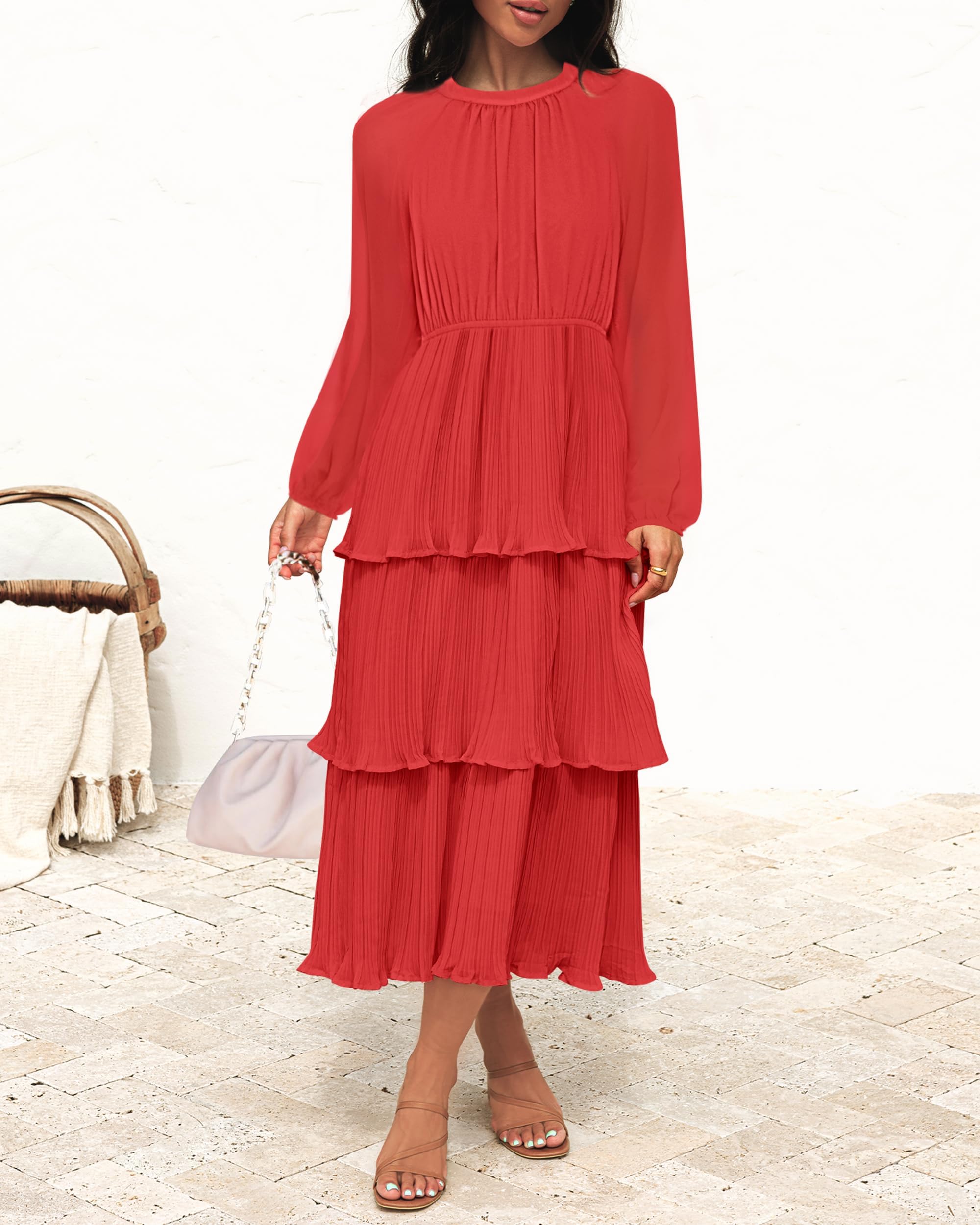 ZESICA Women's 2025 Long Sleeve Crew Neck Ruffle Tiered Chiffon Flowy Swing Midi Dress - Elegant Casual & Party Wear for Spring/Summer Occasions
