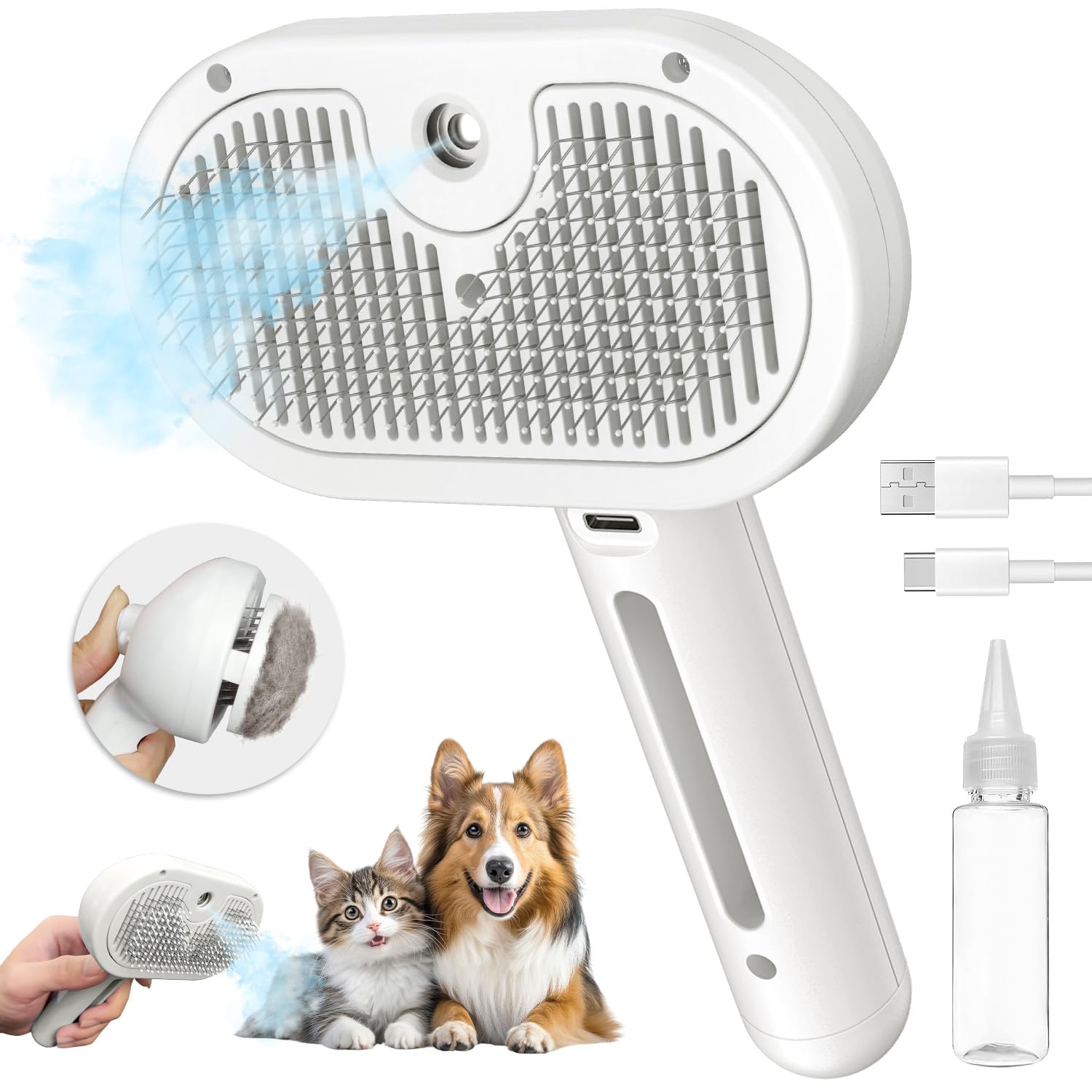 3-in-1 Self-Cleaning Steam Pet Brush for Cats & Dogs - Removes Tangles & Loose Hair for Long/Short Haired Pets - White Grooming Brush for Shedding Control - Perfect for Home Grooming & Professional Pet Care