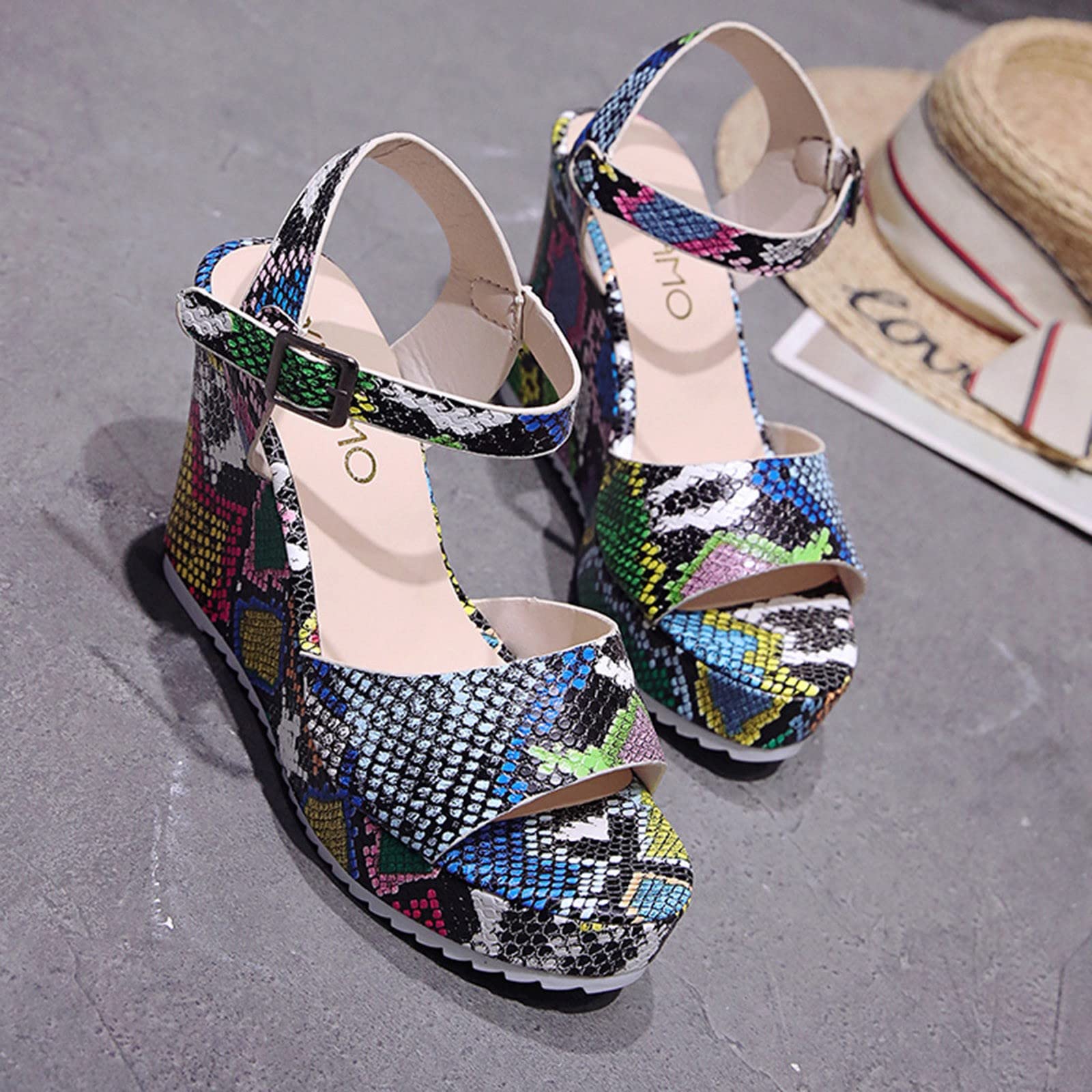 Women's Snakeskin Print Peep Toe Wedge Sandals with Heels - Stylish Dressy Summer Beach Sandals for Women | Perfect for Vacations, Pool Parties & Casual Outings