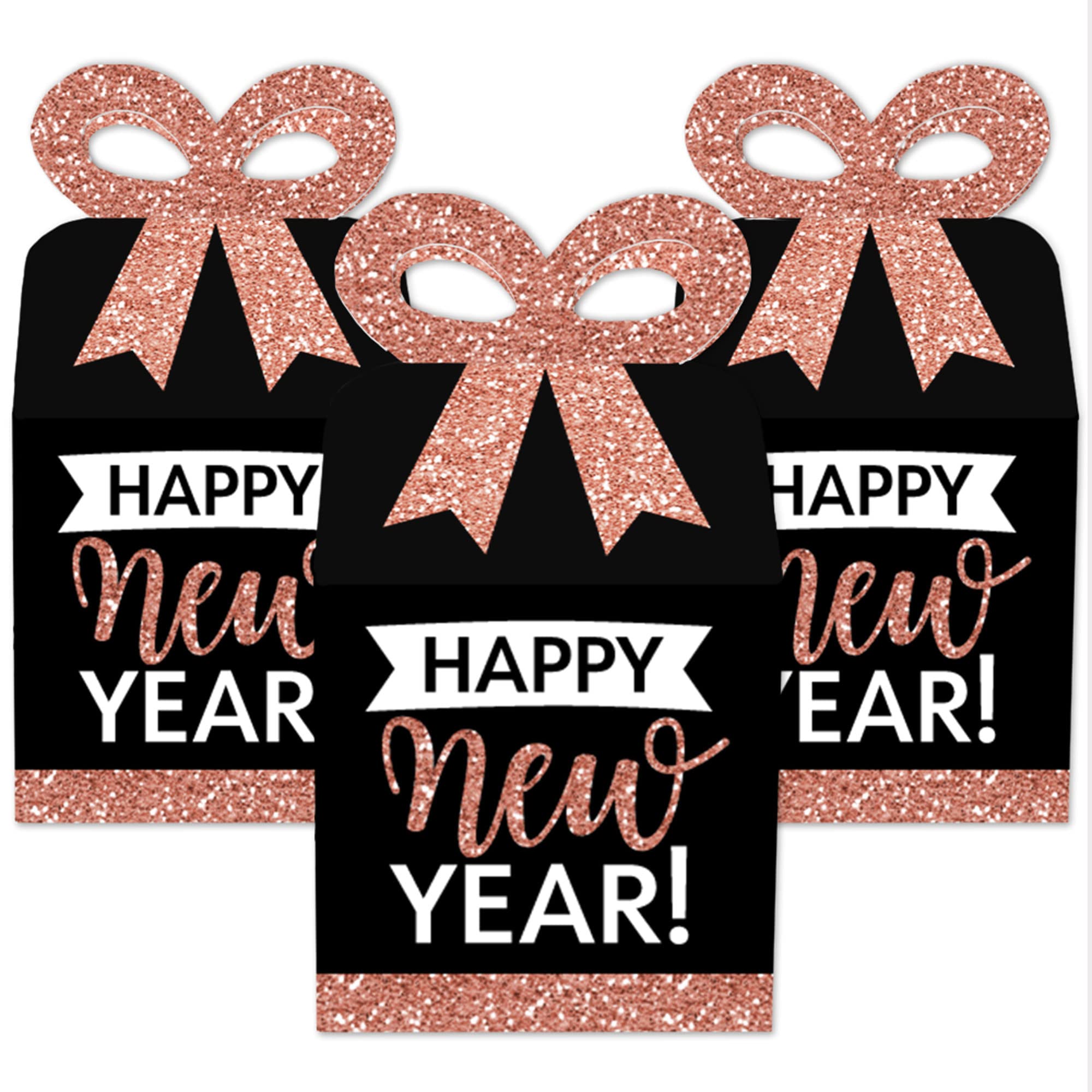 Rose Gold Happy New Year Favor Gift Boxes - Set of 12 Elegant Square Party Bow Boxes for New Year's Eve Celebrations, Wedding Favors & Special Occasions