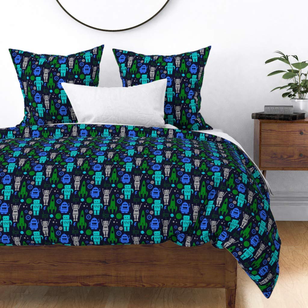 Custom Boys Whimsical Navy Robots Print Cotton Sateen Duvet Cover Twin Size - Soft Kids Bedding for Boys Room, Nursery Decor & Gift Idea