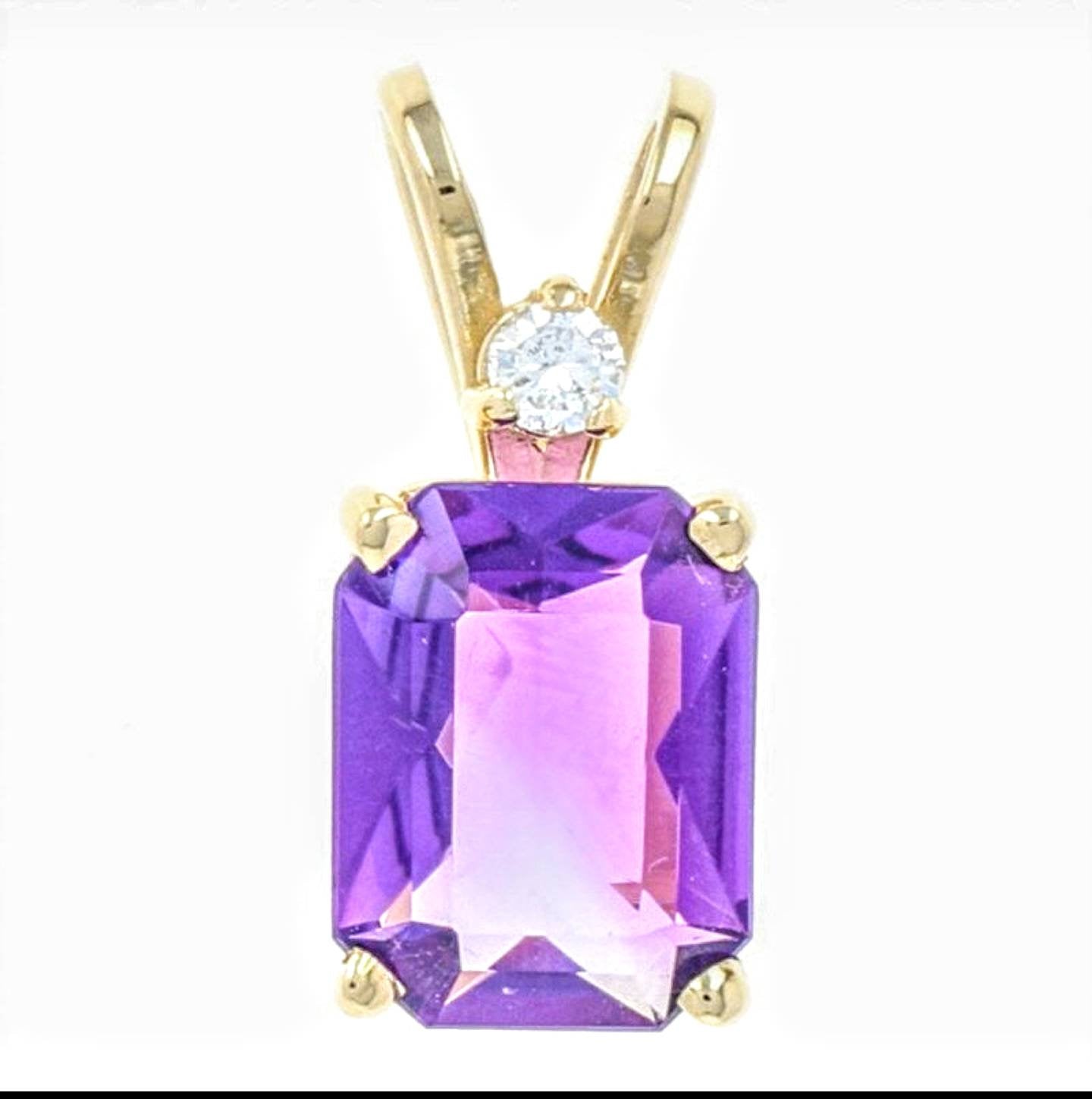 Handmade Solid Sterling Silver or Gold Natural Amethyst Pendant Necklace with Diamond Accents - 6x4mm & 12x10mm Emerald Cut Gemstone Jewelry for Women | Perfect Gift for Birthday, Anniversary & Special Occasions