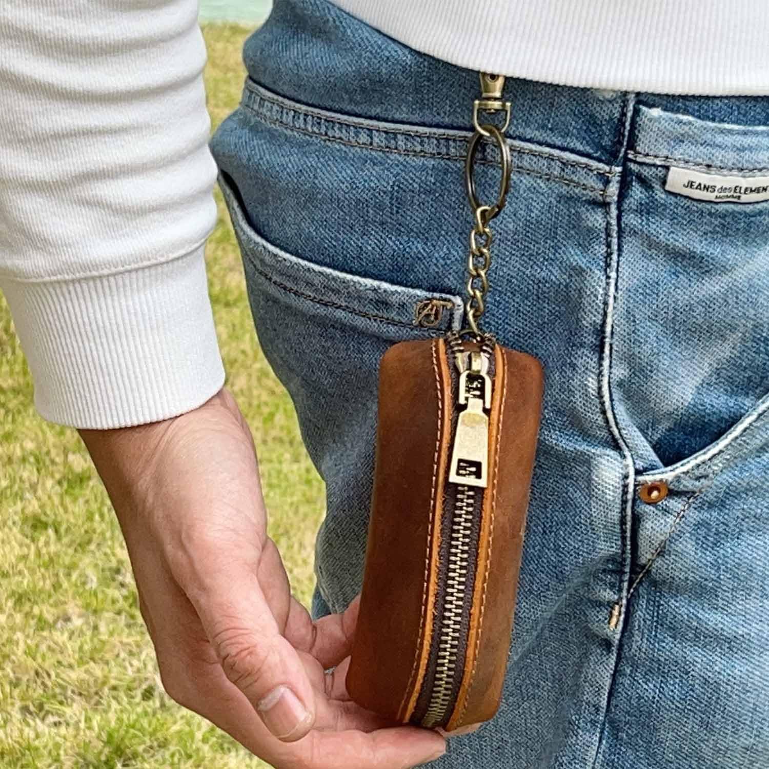 Genuine Leather Coin Purse with Metal Hook & Key Ring - Zipper Coin Wallet for Men & Women - Compact Keychain Holder for Cash, Cards & Keys (Brown) - Perfect for Travel, Daily Use & Gift Giving