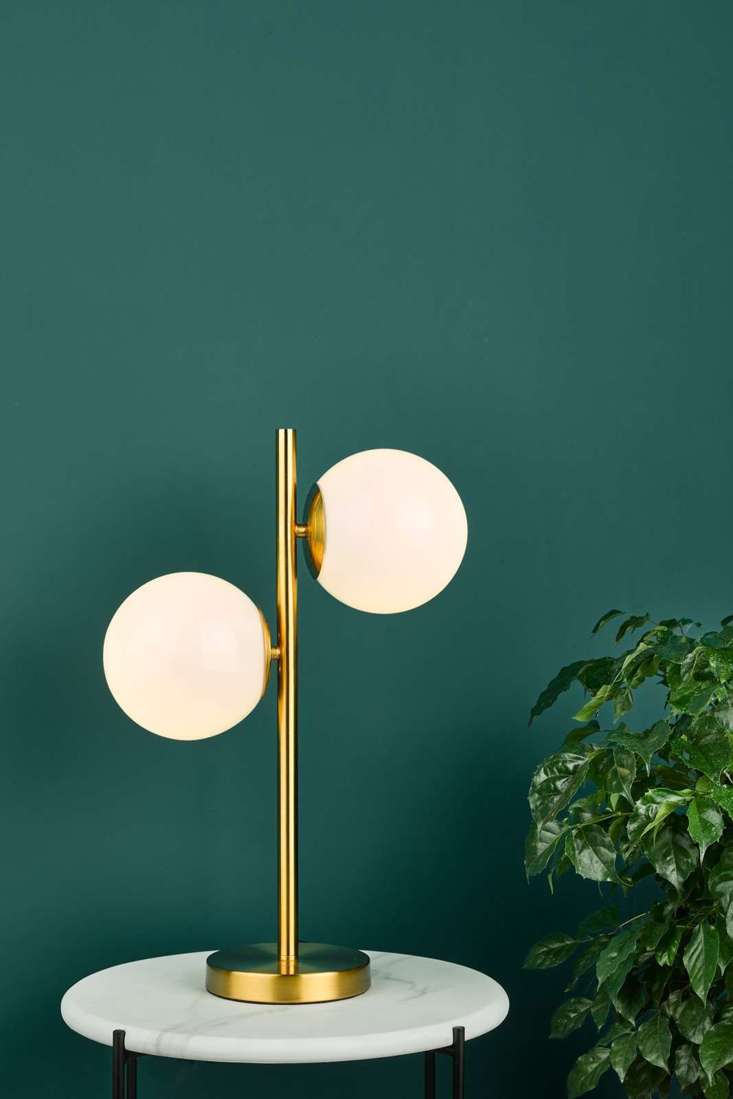 Bombazine 2-Light Table Lamp in Natural Brass & Opal Glass - IP20 Rated for Bedroom, Living Room, or Office Lighting