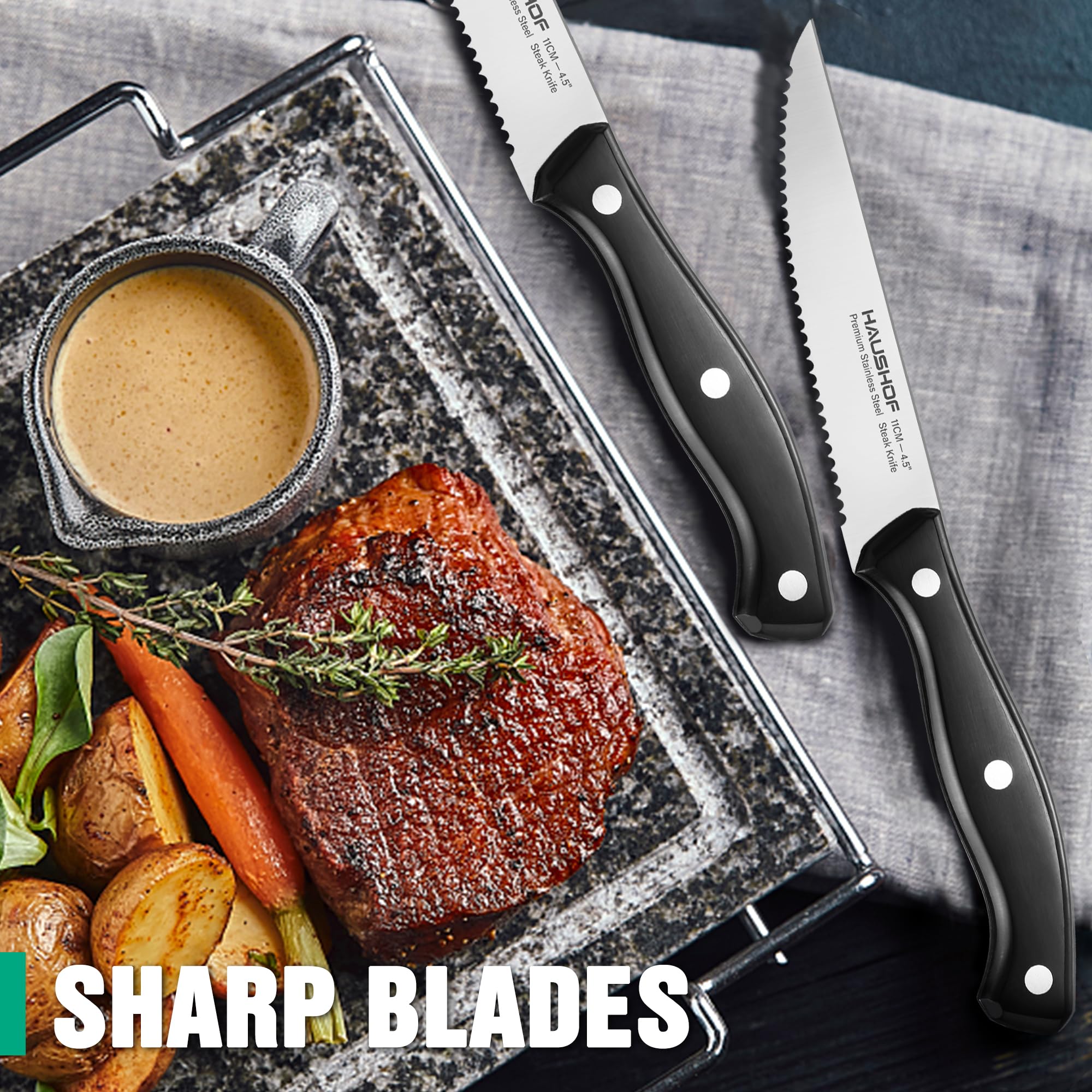 Premium HAUSHOF 4-Piece Steak Knives Set - Sharp Stainless Steel Serrated Blades with Full Tang & Ergonomic Handle - Elegant Gift Box Included - Perfect for Steak Lovers, Home Chefs & as Thoughtful Gifts (Birthday, Anniversary, Housewarming) - Ideal for Fine Dining, BBQ Parties & Everyday Use