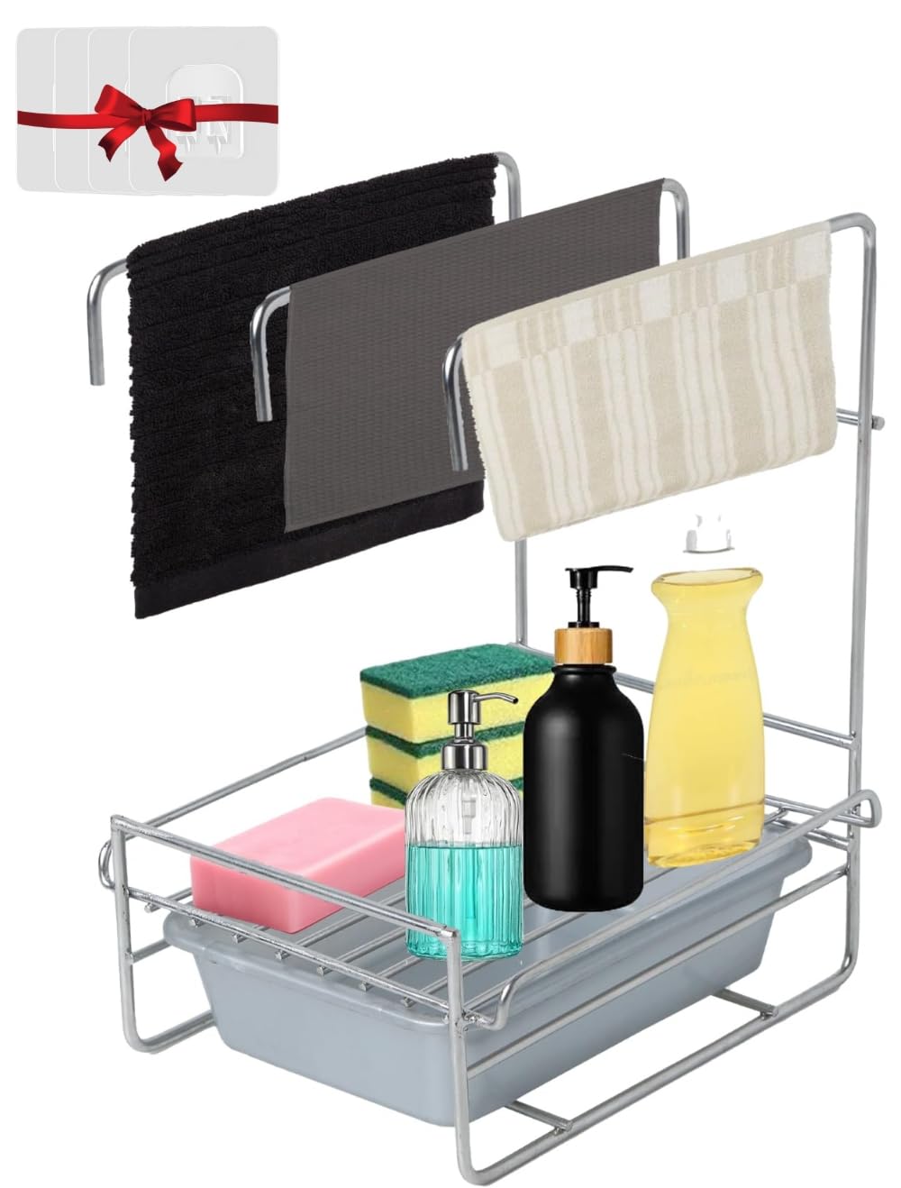 Premium Stainless Steel Sink Organizer with Drip Tray & Adhesive Sticker - Countertop Kitchen Sink Rack for Sponge, Soap & Utensils - Space Saving Bathroom & Kitchen Organizer for Tidy Home (Ideal for Small Apartments & RVs)