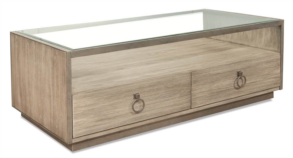 Sophie Glass Top Storage Coffee Table in Natural by Riverside Furniture - Modern Living Room Centerpiece with Ample Storage Space